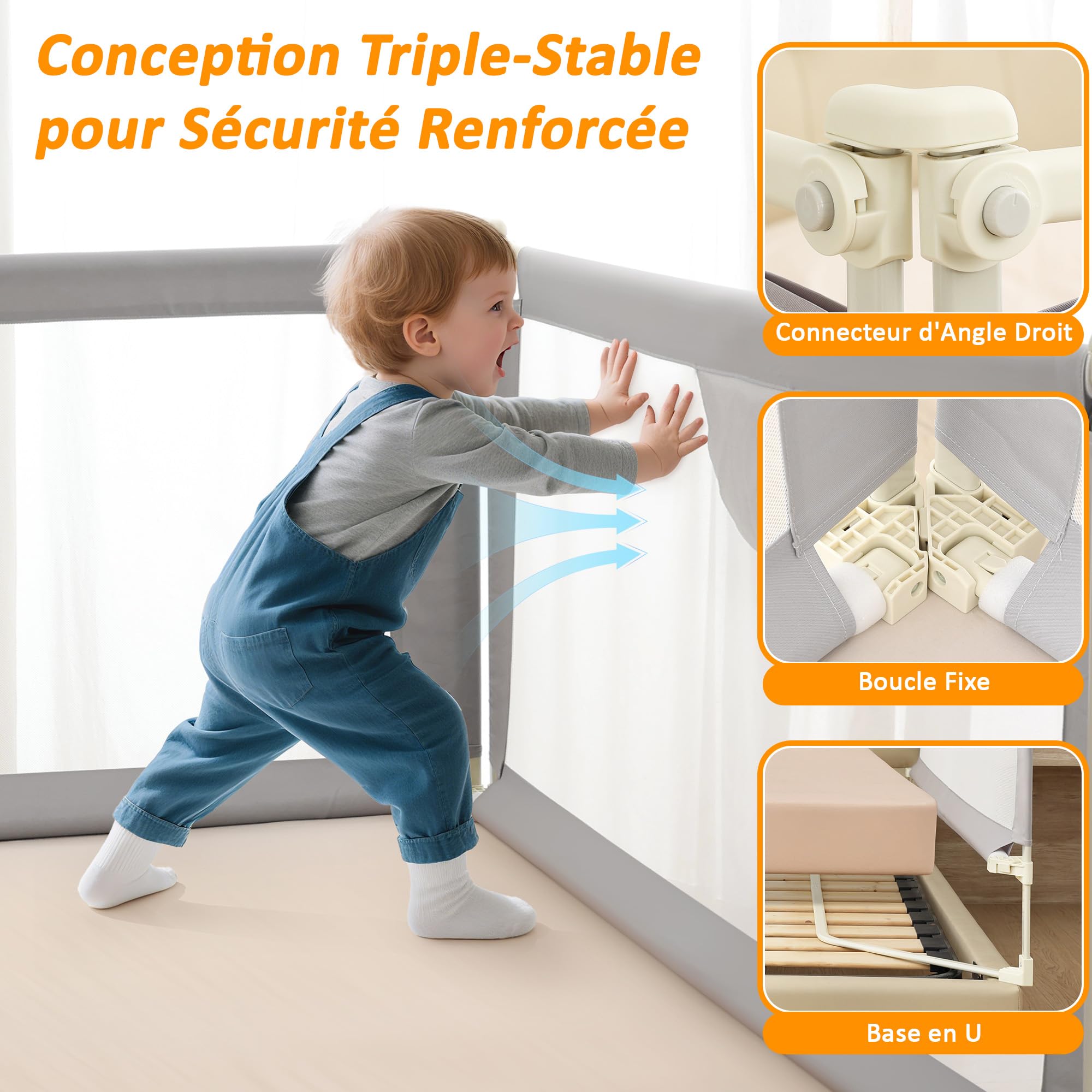 Barrière de lit enfant pliable, Lot de 3 Barrière de sécurité lit pour Bébés et Enfants avec élévation Verticale Et Double Verrouillage - Facile à installer, Facile à transporter 200cm+200cm+180cm