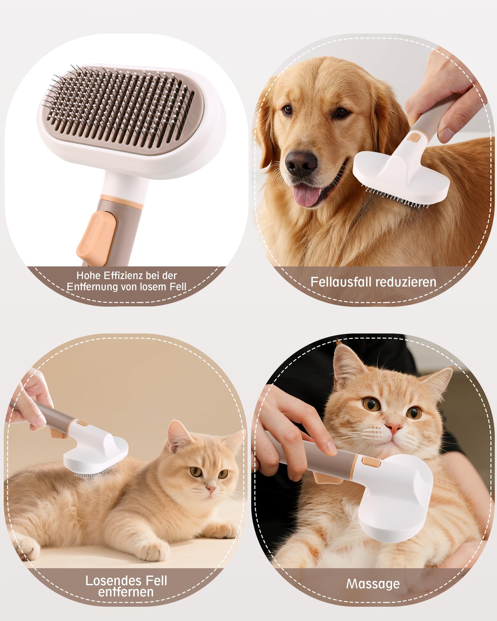 3-in-1 Katzenbürste & Hundebürste Selbstreinigend, Edelstahl-Entfilzungskamm für Langhaar & Kurzhaar | Entfernt Lose Haare & Knoten | Massageborsten zur sanften Fellpflege | Ein-Klick Haarentfernung