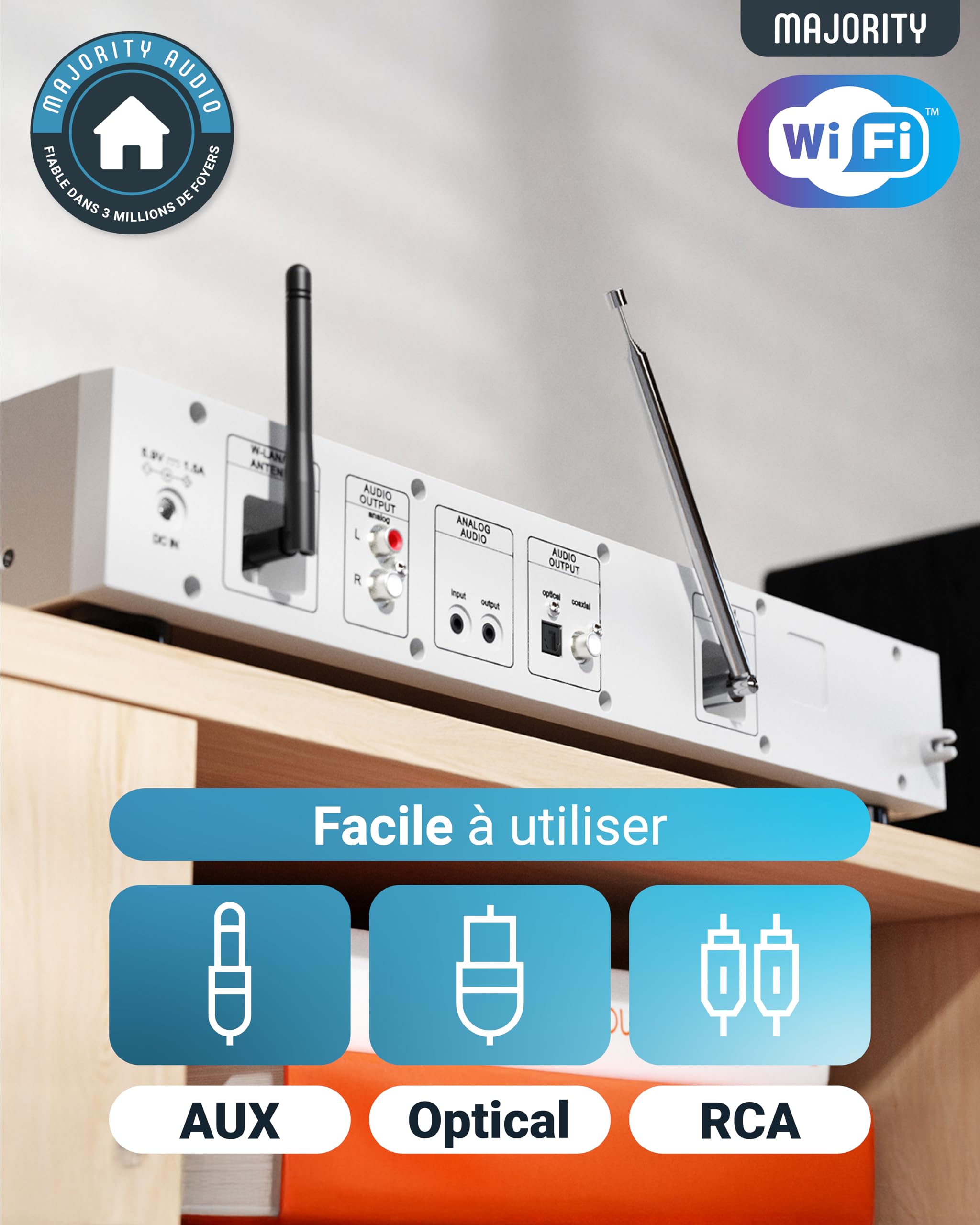 Radio Internet Dab FM WiFi Bluetooth |Tuner Dab pour Chaine HiFi avec Spotify Connect | Tuner HiFi avec Plus de 90 présélections, écran LED Couleur | USB, AUX, RCA | Majority Fitzwilliam 2024 (Argent)