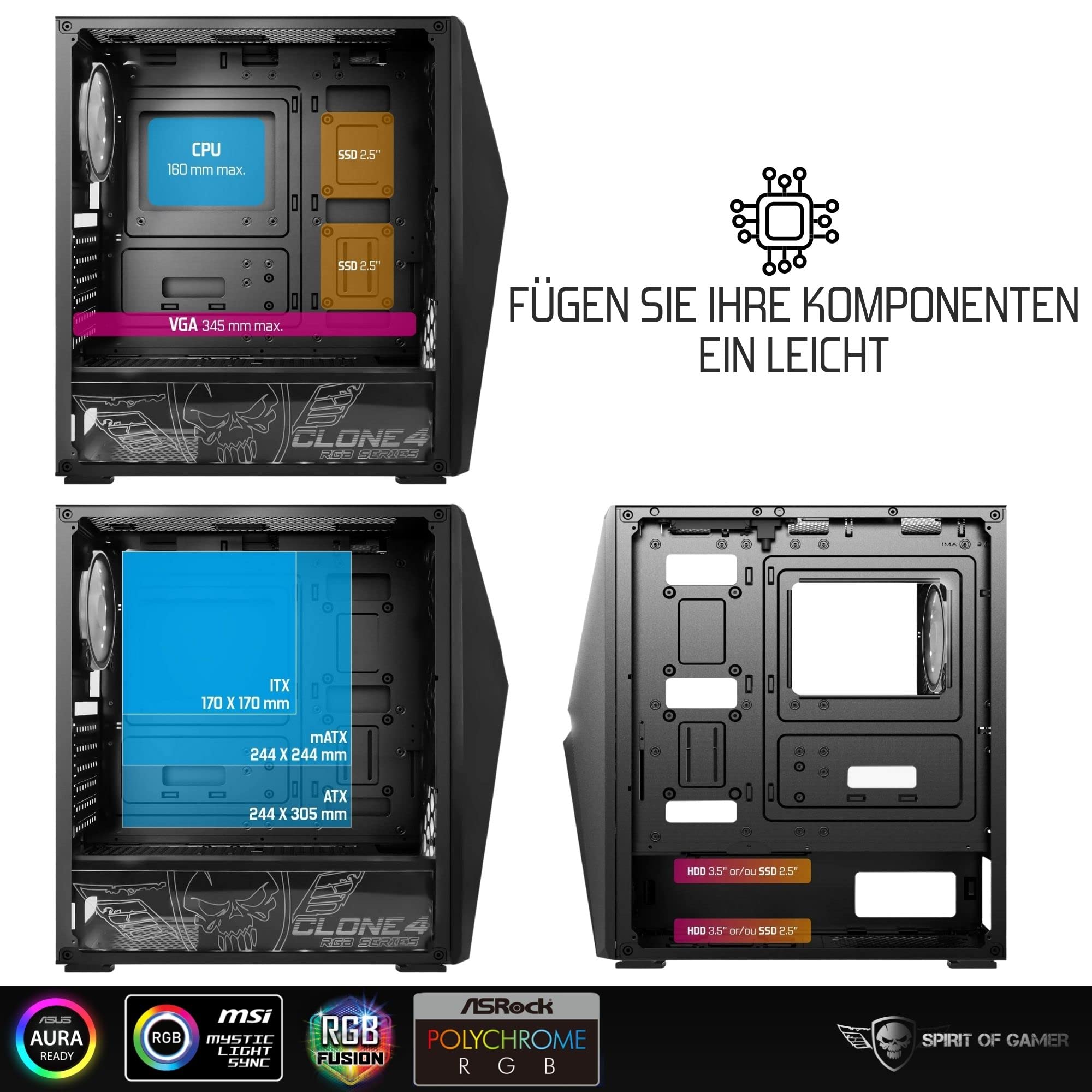SPIRIT OF GAMER - CLONE 4 - PC Gehäuse RGB mit Durchsichtiger Wand Aus Gehärtetem Glas - Erstellen Sie Ihren Gaming PC - Tower Mittel Kompatibel ATX/MATX/ITX - 2 Lüfter Adressierbar 120mm Enthalten