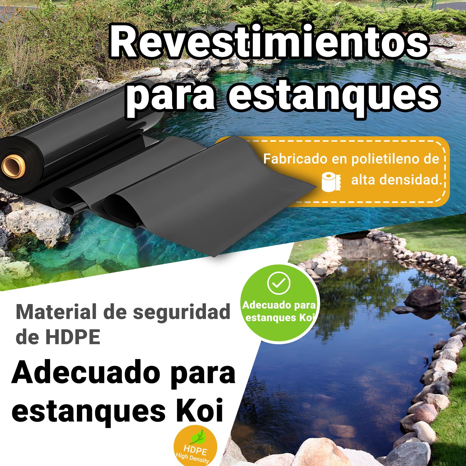 Revestimiento de Estanque Negro PVC - Forro Impermeable 0.12mm, Tamaños 3x7m/5x6m/7x8m/8x10m - para Peces, Fuentes y Lagos Artificiales