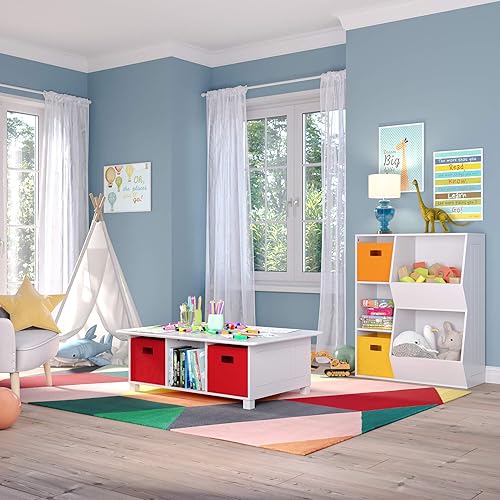 Miniatura 4 de RiverRidge Mesa de actividades para niños con 6 compartimientos de almacenamiento, 2 piezas, color blanco con cubos rojos