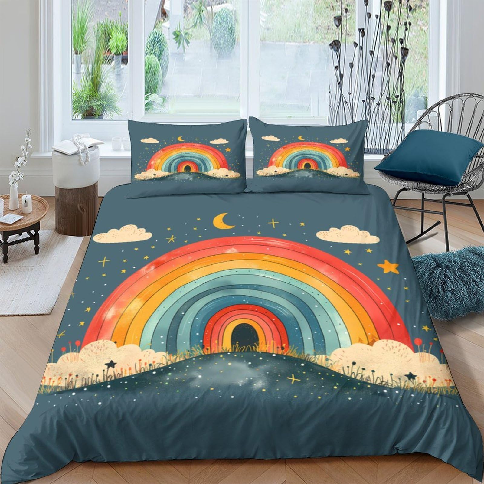 Ctjqhvkz Style-2 3D Printed Rainbow Cloud Fitted Sheet Microfiber Soft Decorative Night Sky Bed Cover Non-Slip For Bedroom Guest Room Single（135X200cm）
