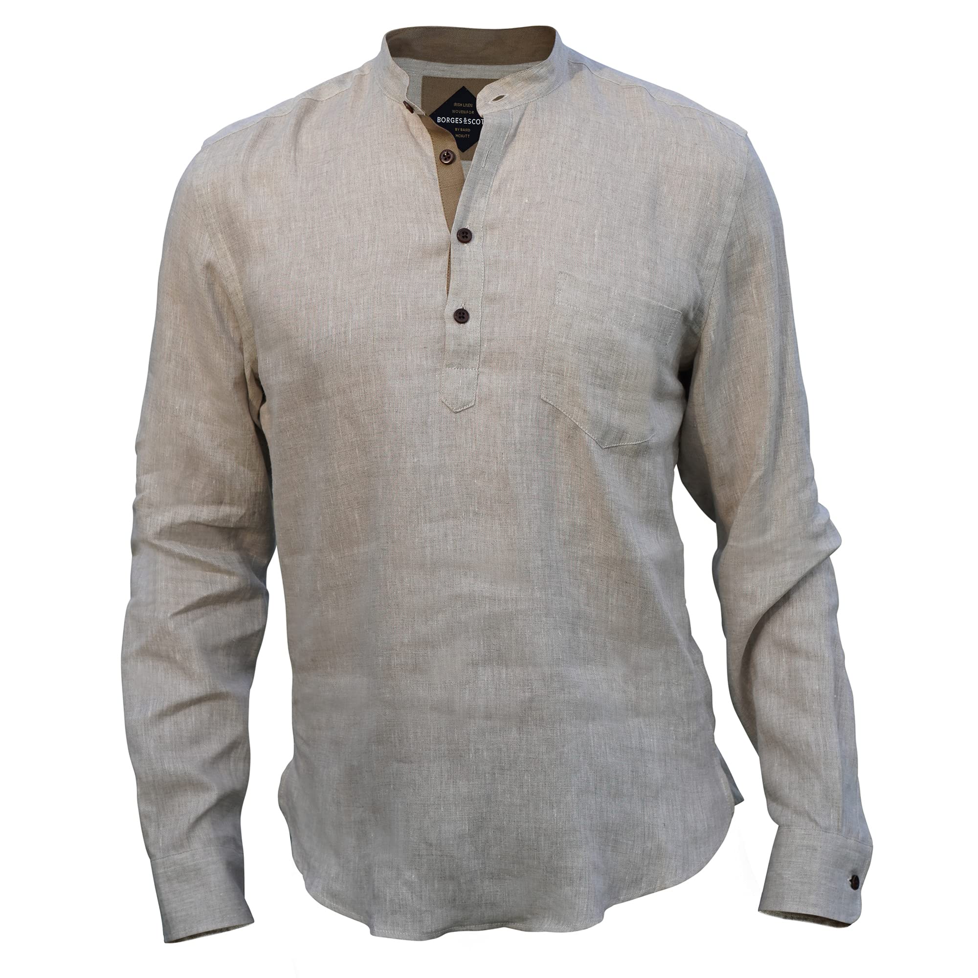 Borges & Scott - Camisa 100% lino irlandés Grandad Henley - Manga larga, marrón claro, M