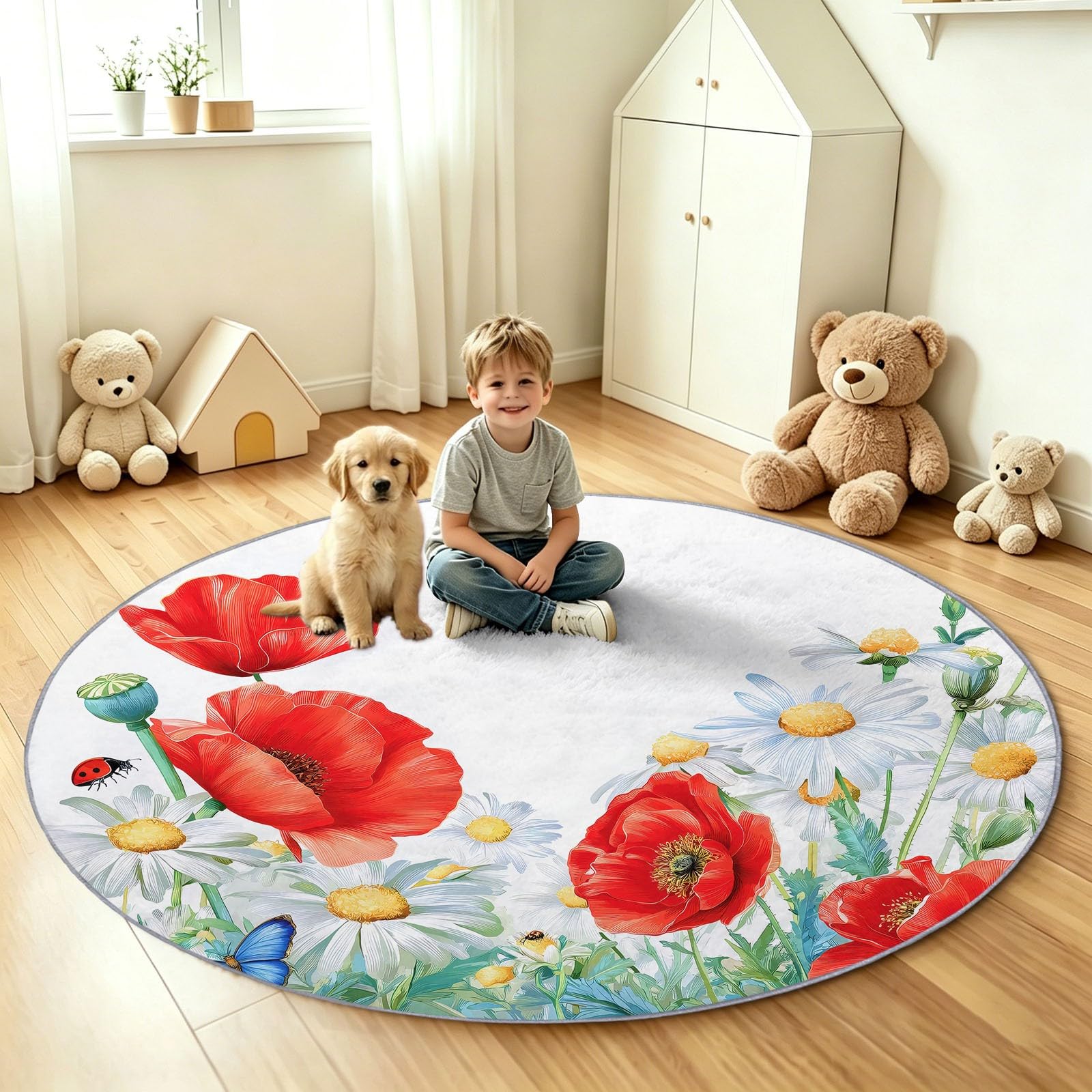 Tappeto rotondo lavabile, 90 cm, motivo natura botanica, morbido, con stampa di papaveri floreali, a pelo corto, antiscivolo, per ingresso, soggiorno, camera da letto, accanto al divano e all'ufficio