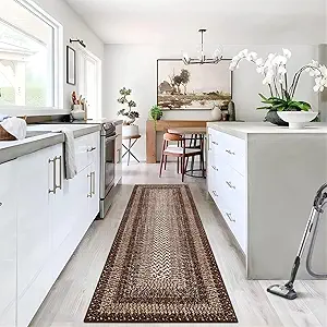 GAOMON Area Rug 2x6 Braided Print Washable Non-Slip Hallway Runner Entryway Rug Ultra-Thin Farmhouse Kitchen Mat Bedroom Bedside Laundry Distressed Non-Shedding Accent Carpet Brown