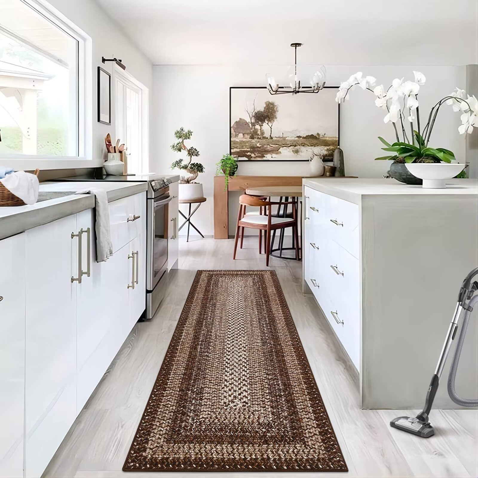 GAOMON Area Rug 2x6 Braided Print Washable Non-Slip Hallway Runner Entryway Rug Ultra-Thin Farmhouse Kitchen Mat Bedroom Bedside Laundry Distressed Non-Shedding Accent Carpet Brown