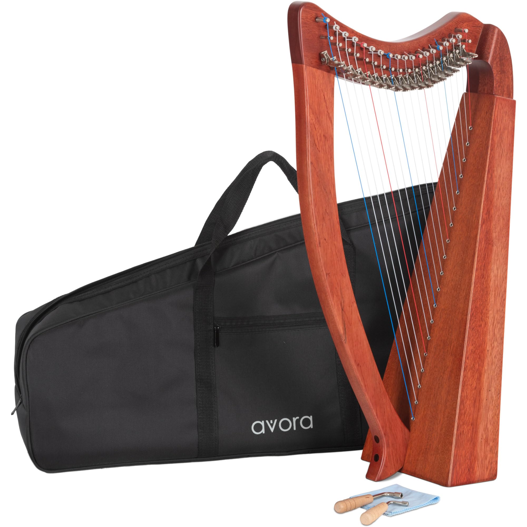 Avora Arpa Celtica 19 corde in mogano – artigianale con borsa, chiavi di accordatura, diatonica in Mi Bemolle Maggiore, accordatori fini, meccanismo a ganci, leggera e compatta.
