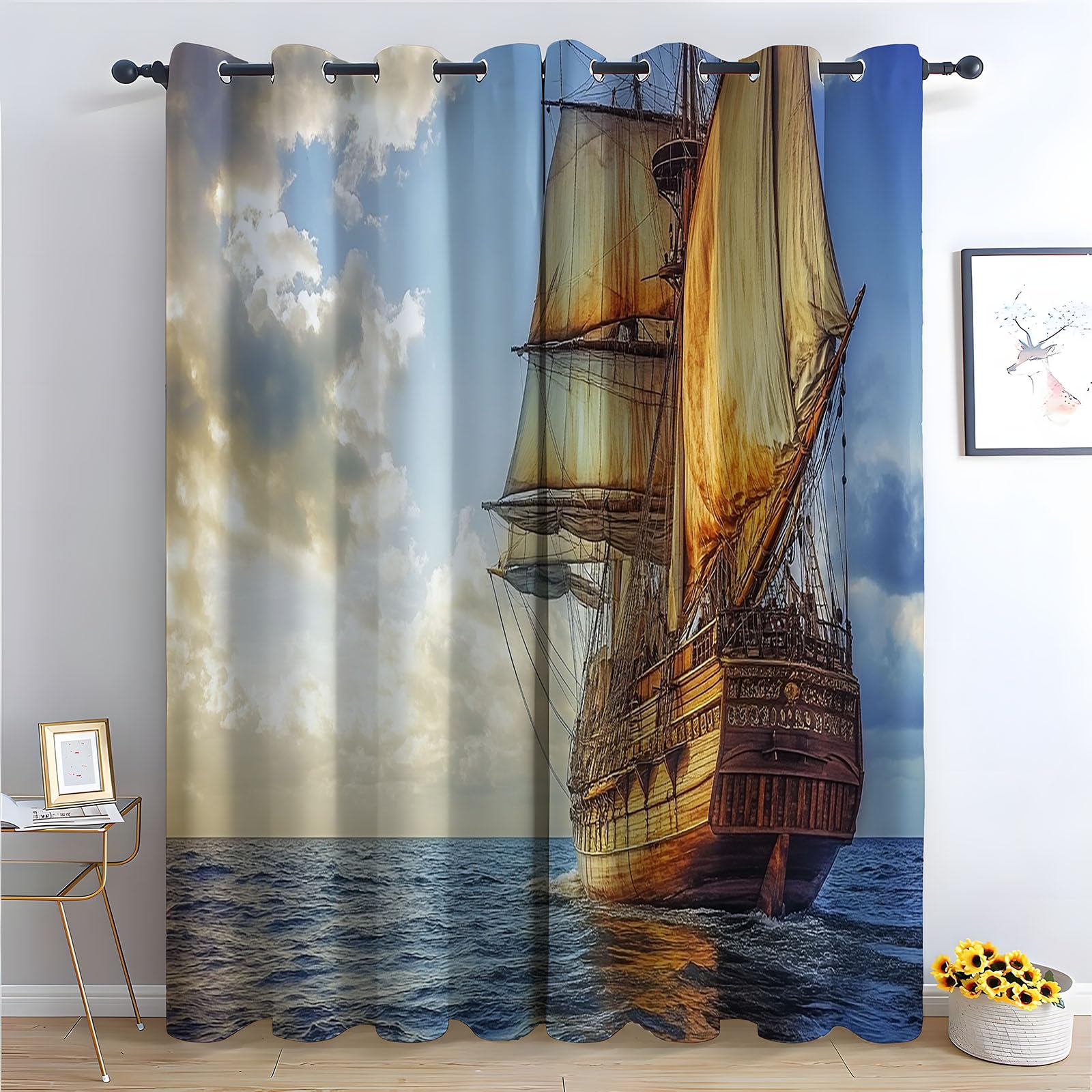 WIKEO Floral Curtains for Living Room Ocean Landscape pattern Botanical Blackout Curtain,Thermal Insulated Long Farmhouse Print Decorative Grommet Drapes, 2 Panels-52 W x 84" L (Pack of 2)