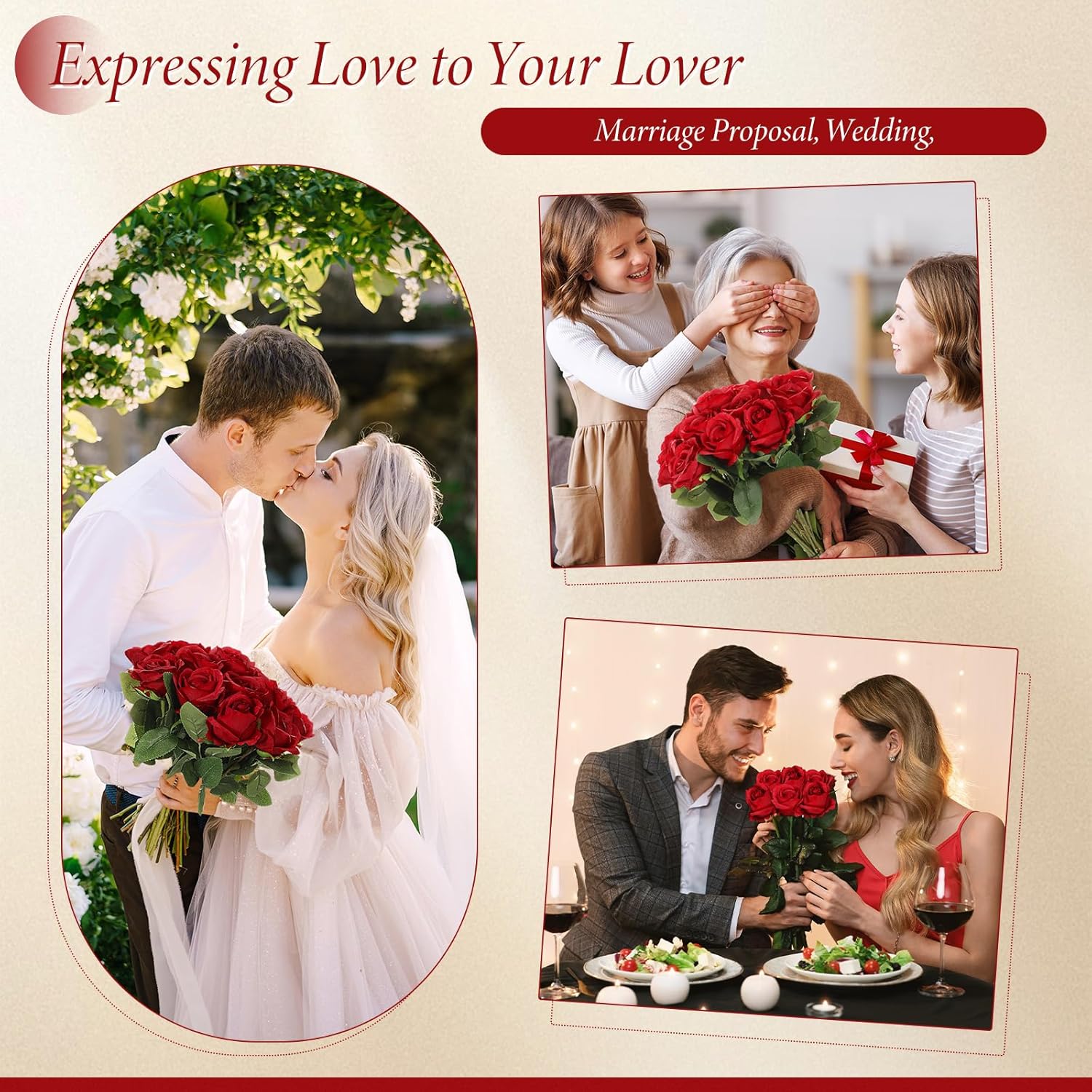 Hotop 40 Pcs Rose Artificial Flowers Bulk with Long Stem,Realistic Silk Fake Roses Bouquet for Home Wedding Centerpieces Party Table Decoration Valentines Gifts(Red) - Image 5