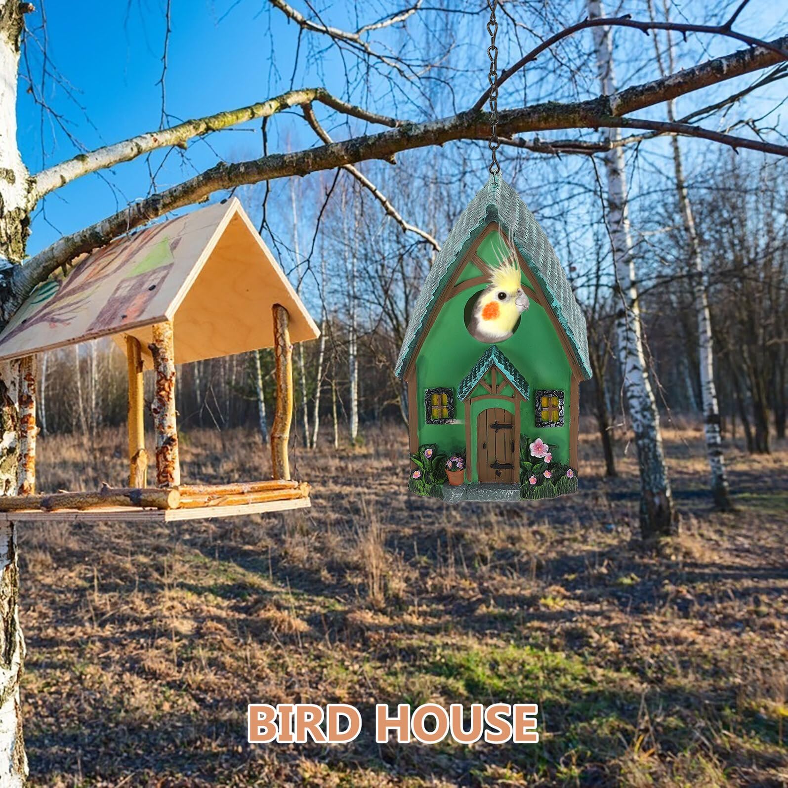 DOITOOL Casita para Pájaros de Resina Resistente Colgante para Jardín y Patio Trasero Decoración Exterior Artesanal Nido para Aves Protección Climática