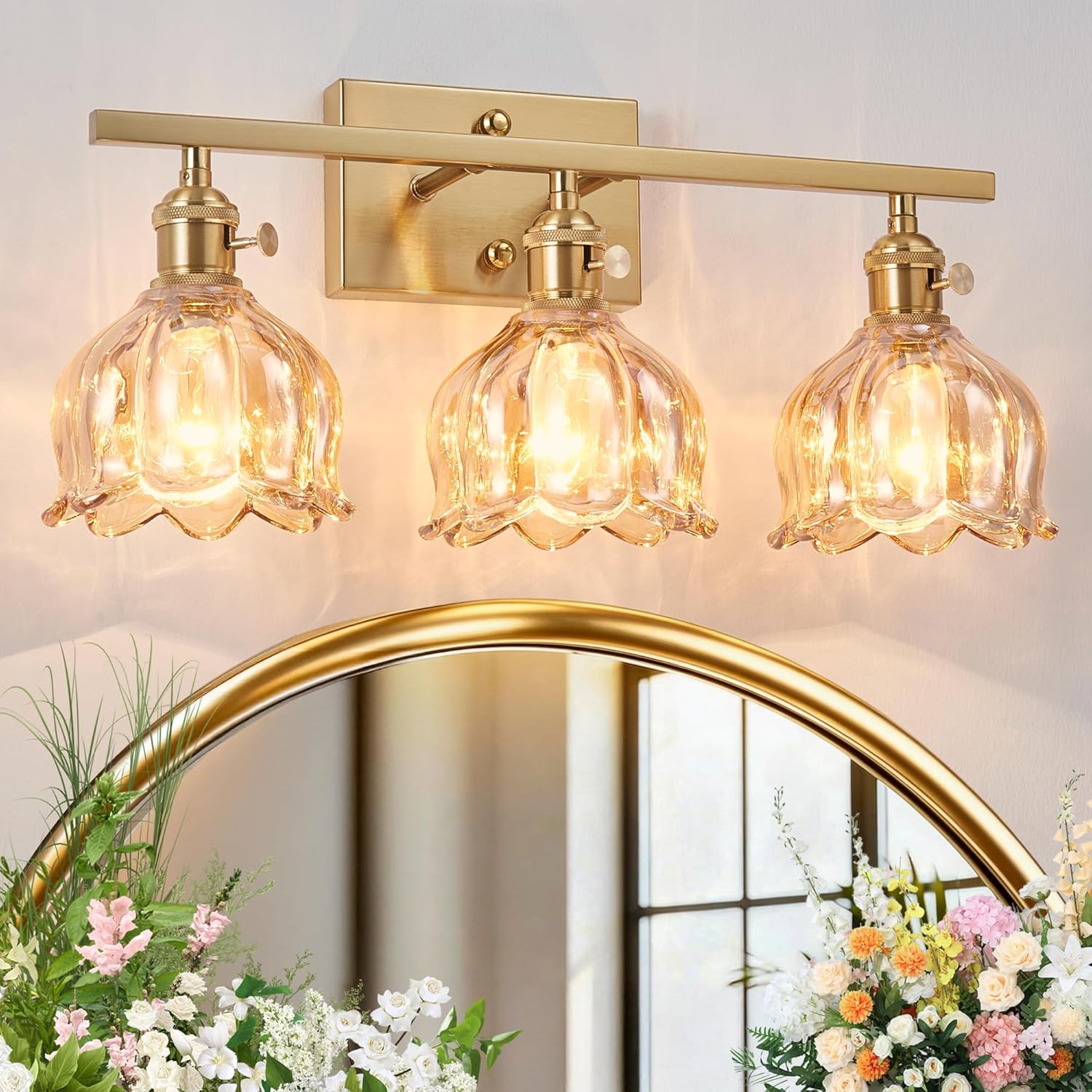 3-Light Vintage Bathroom Vanity Light, 19.4" Brass Hardwired Wall Sconce with Amber Tulip Glass Shades, Brushed Gold Vanity Light for Mirror, Restroom, Bedroom, Living Room (Bulbs Not Included)