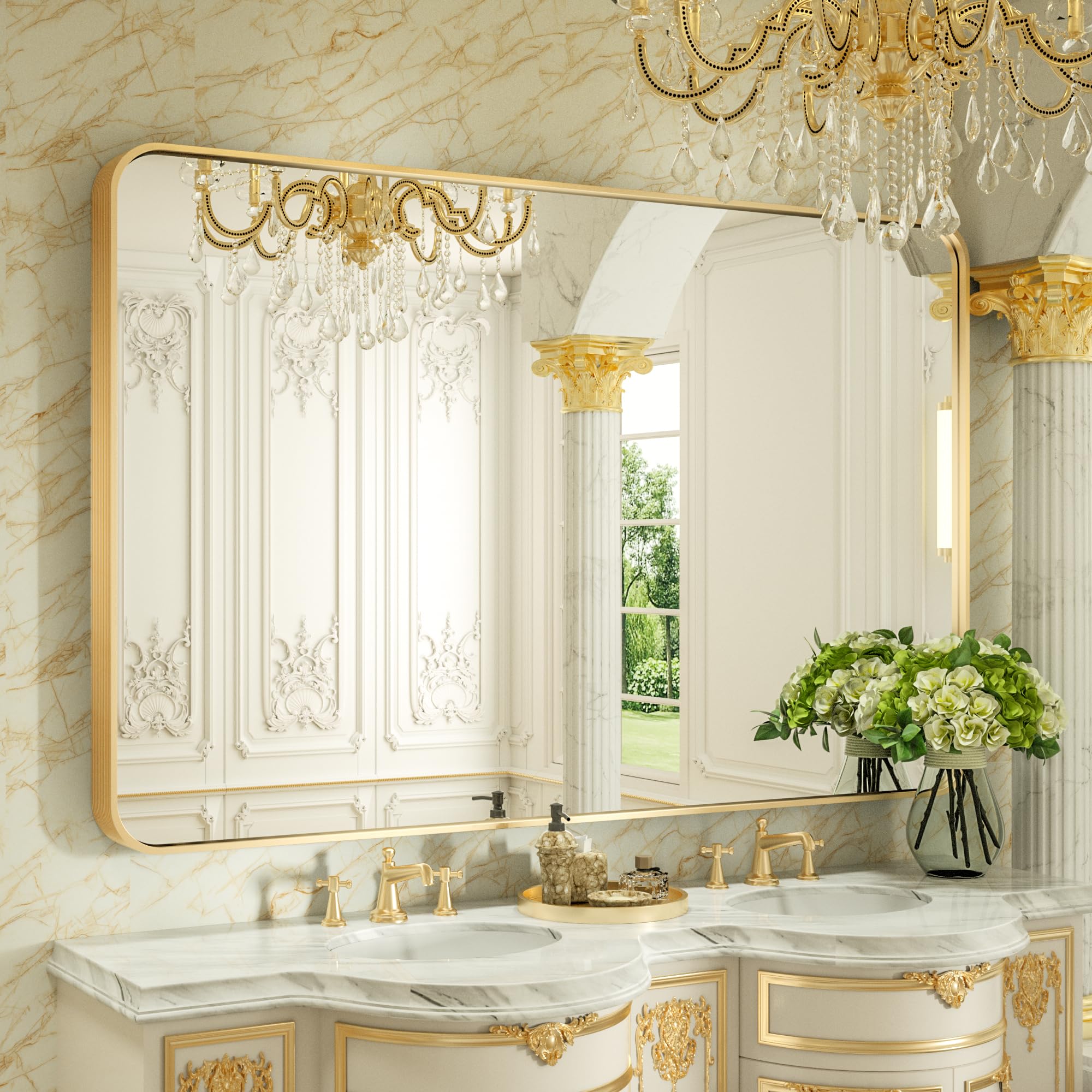 PILOCOS Gold Framed Bathroom Mirror for Wall, 55 x 36 Inch Brushed