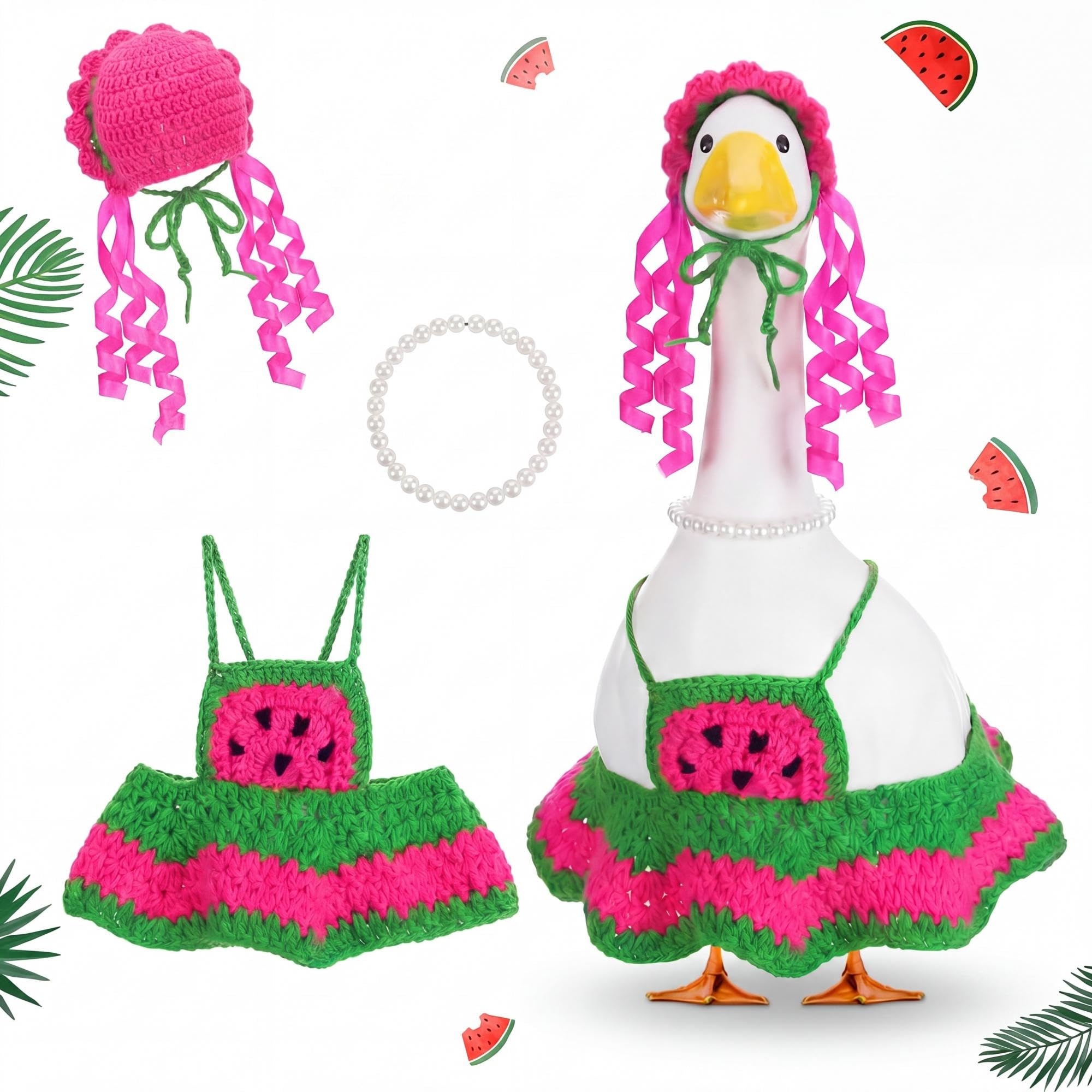 Abbylike Watermelon Porch Goose Outfits Summer Bikini Knitted Goose Clothes with Pearl Necklace &amp; Hat Fits 23'' Cement Statue for Outdoor Garden Yard Lawn Pathway Hawaiian Statue Art Decor