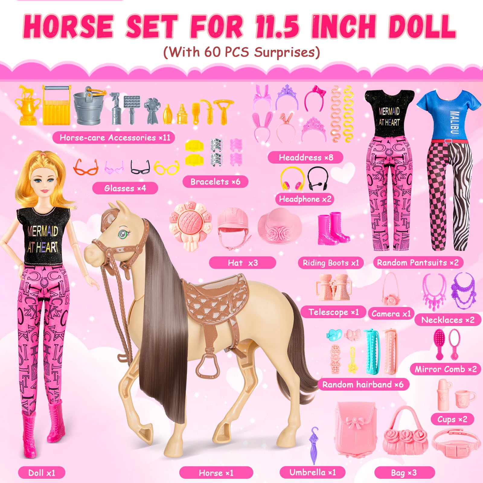 Juego de 60 piezas de caballo de muñeca, muñeca rubia de moda (11.5 pulgadas) en accesorios de muñeca Helemt y caballo marrón claro con cabeza móvil, silla de montar, brida y riendas, para edades de 3 3