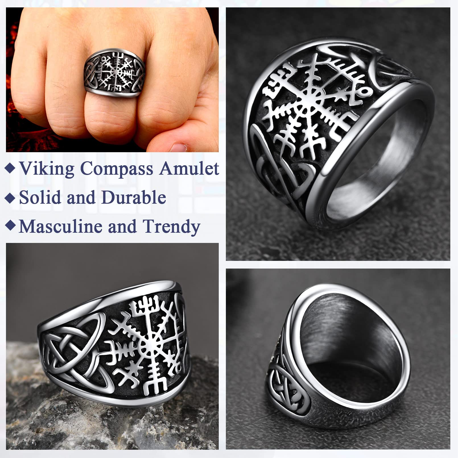 FaithHeart Anello Vichingo da Uomo Bussola Runica Vegvisir Spirito Nautico Amuleto Gioielli Nodo Trinità Celtico in Stile Nordico Anello Figo per Hiphop Punk
