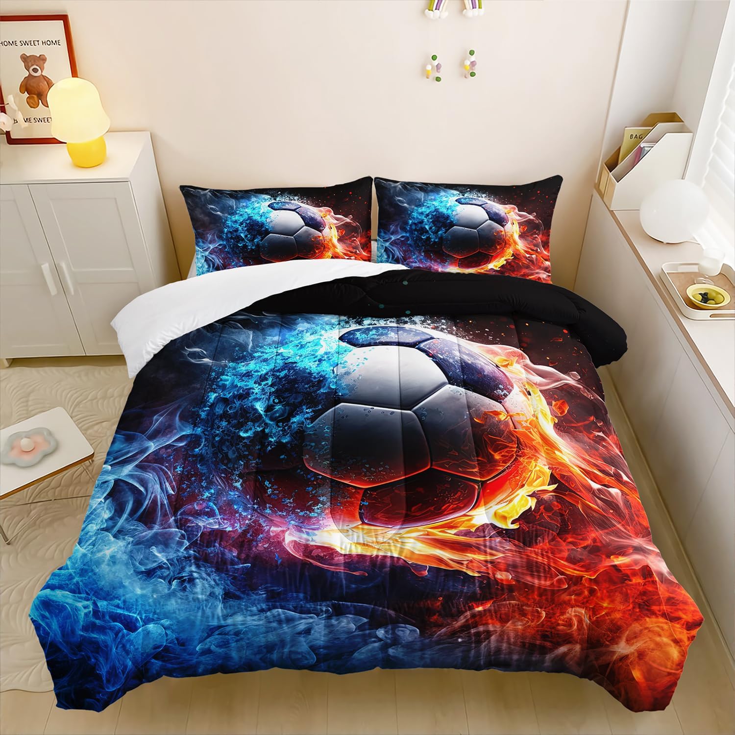 Soccer Print Themed Comforter 3Pcs Twin Gaming Sport Soccer Bedding Set for Kid Teen Girl Boy Adult Balls Sports Games Ice and Fire Football Quilt Room Decor with 1 Comforter and 2 Pillowcases - Image 8