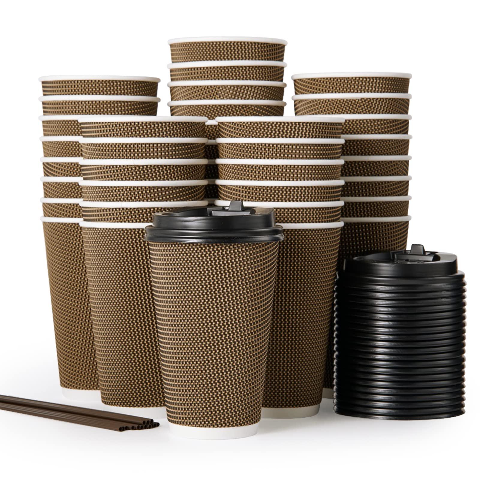 80 Pack 16oz Paper Coffee Cups, Insulated Ripple Wall Paper Coffee Cups with Lid and Straws, Three Layer Insulated Hot Beverage Cups, for Cold/Hot Drinks, Coffee Cups for Parties, Picnic, and Travel.