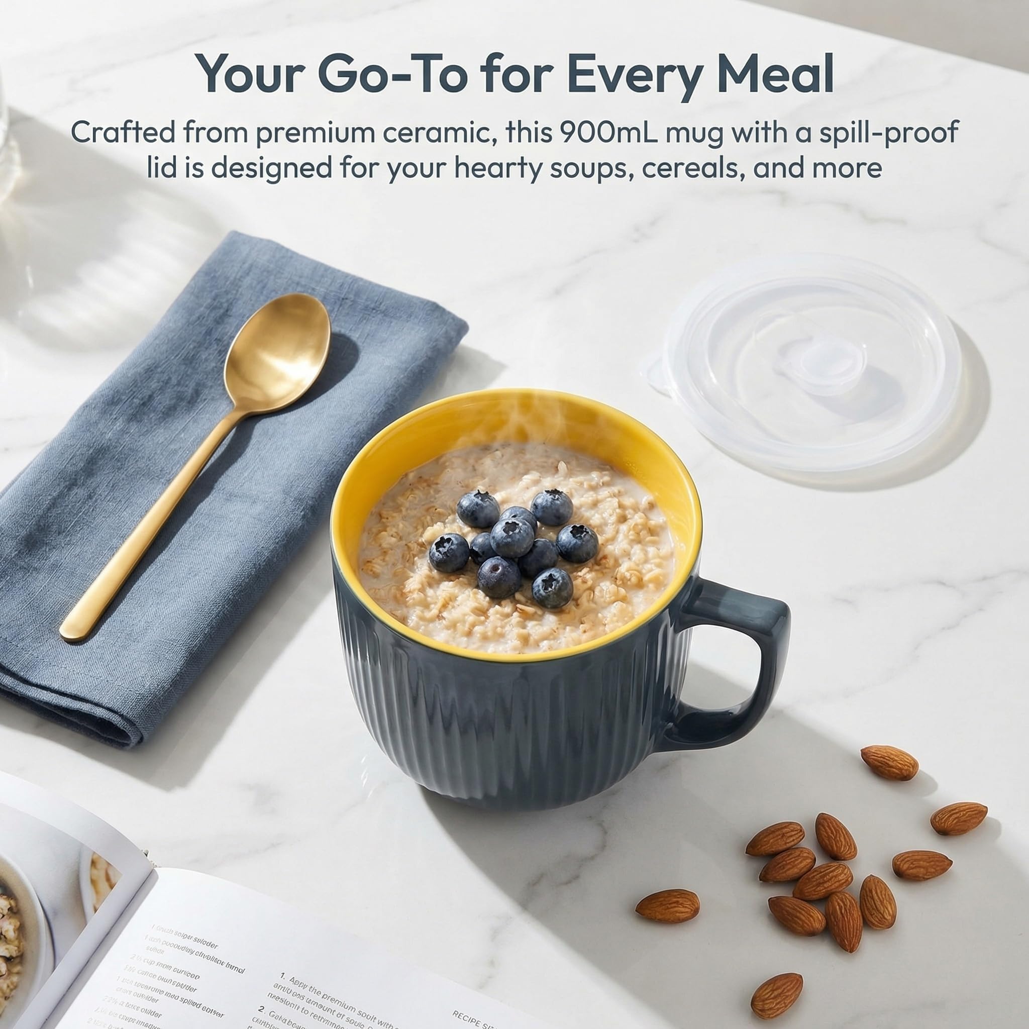 Bol De Cerámica para Sopa De 900 Ml con Tapa - Taza Apta para Microondas, Bol Grande con Asa para Gachas De Avena, Ramen, Cereales, Yogur Y Ensaladas Desayuno