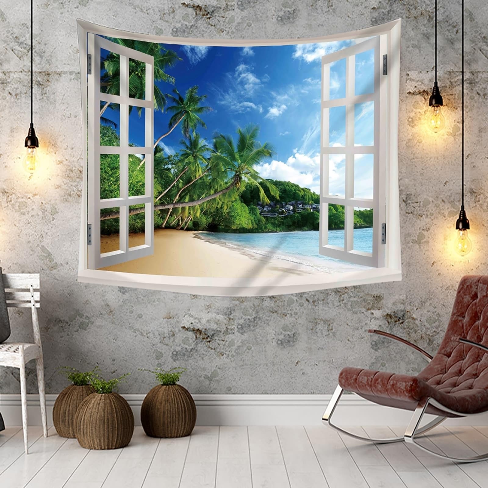 Tapiz natural para colgar en la pared de poliéster, marco de ventana verde y blanco y palmera, paisaje de playa, 240 x 220 cm