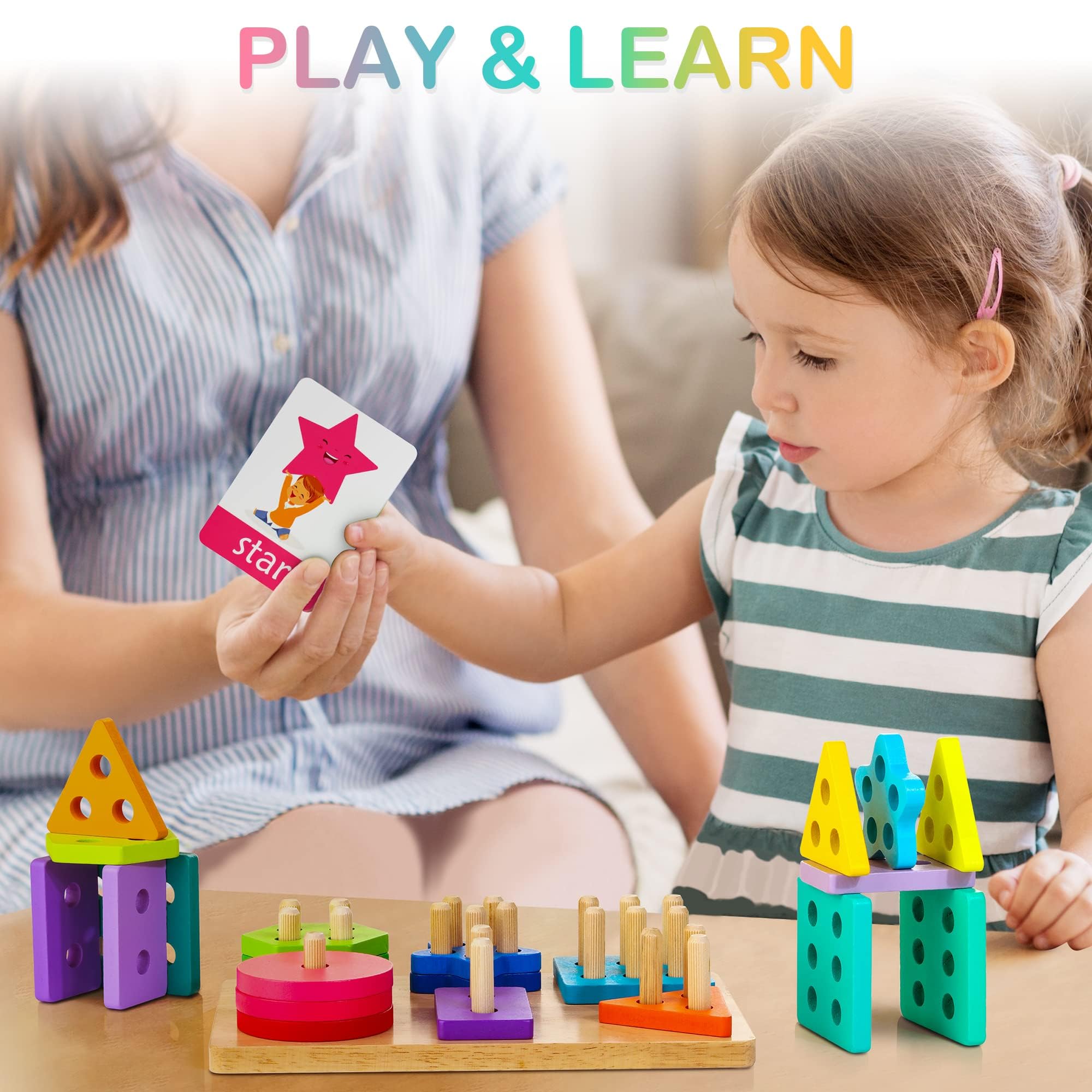 HELLOWOOD Wooden Sorting & Stacking Toy, Colour Recognition Shape Sorter Puzzle Montessori Educational Learning Toy for Girls Boys Children Age 1 2 3 2