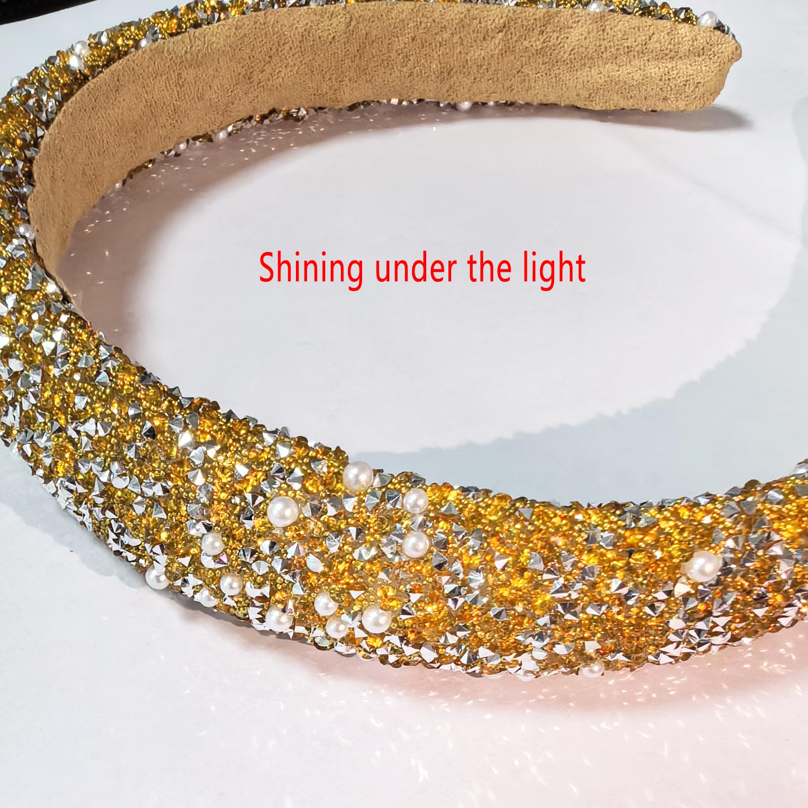 AWOCAN Rhinestone Headbands for Women Diamond Bling Rhinestone Wide Hairband Sparkle Beaded Crystal Headband Thick Padded Headband for Party Non Slip Glitter Hair Hoop (Champagne - Image 2