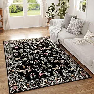 Area Rug 4x6 Rug Washable Boho Rugs Non Slip Low Pile Floral Animal Small Carpet for Bedroom, Bedside, Kids Room, Office, Dining Room (Black)
