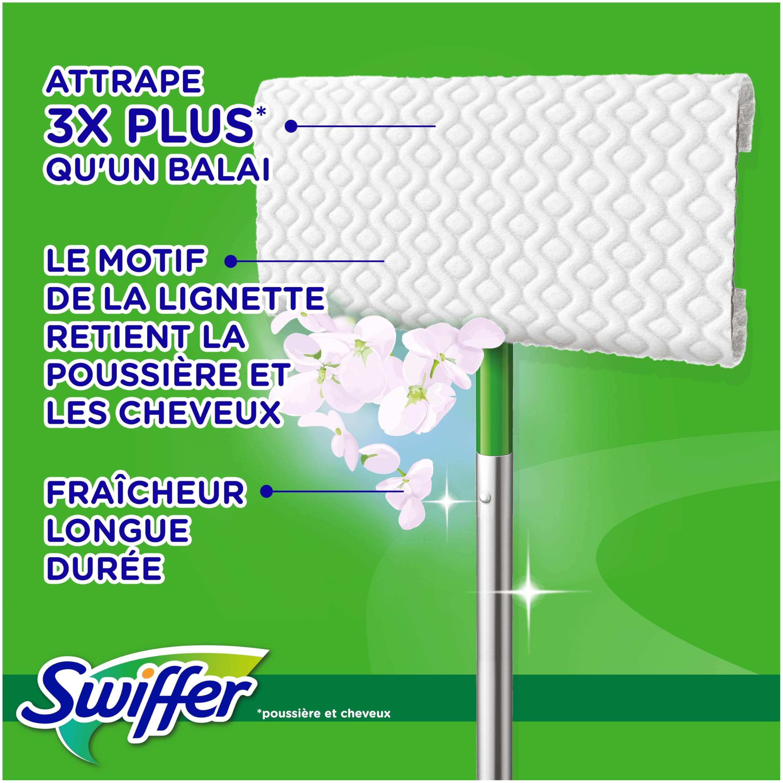 Swiffer Lingettes Balai Attrape-Poussière Sèches & Humides x123 | Attrape et retient 3x plus de poussière. Pour poils d'animaux.