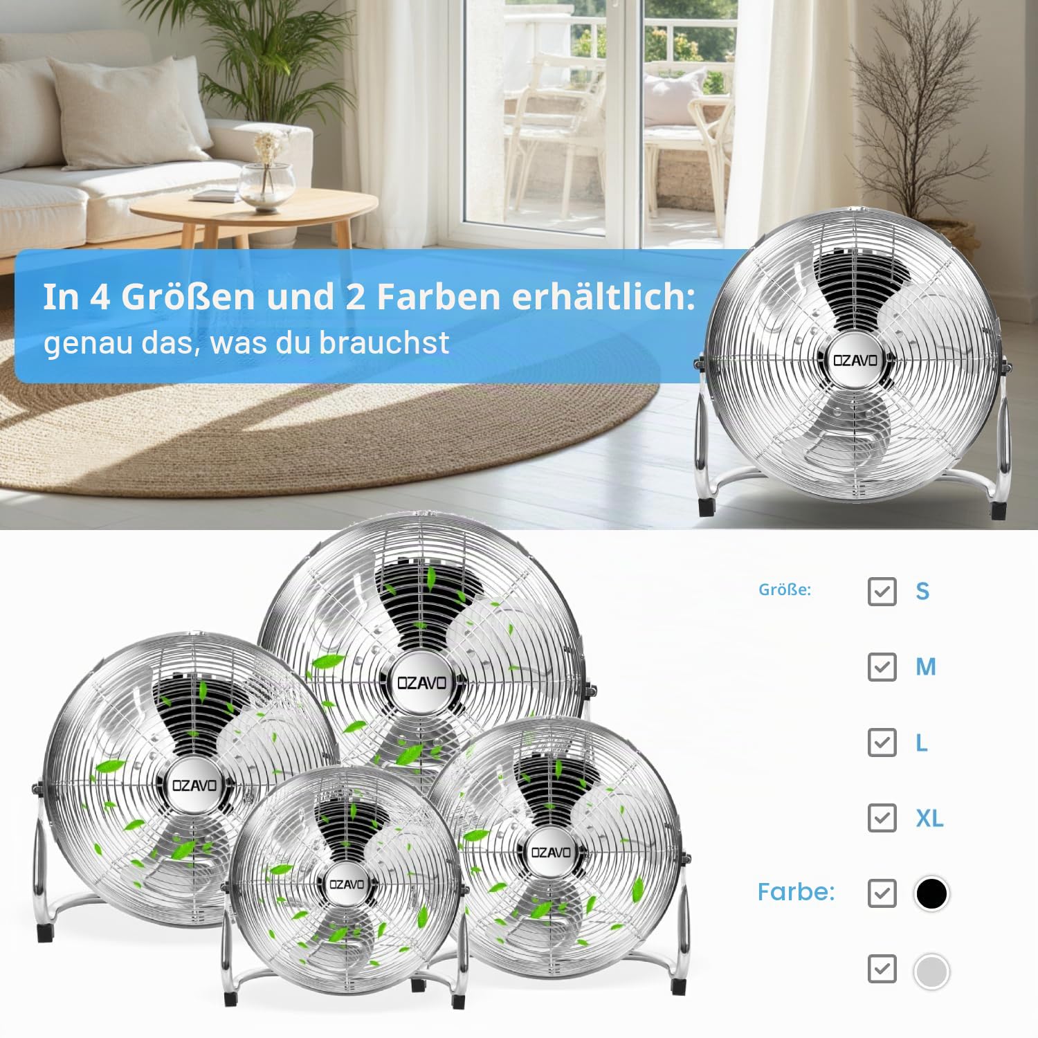 Standventilator, Windmaschine ⌀45 cm mit 3 Laufgeschwindigkeiten, Bodenventilator Power, Tischventilator Metall, Luftkühler, verstellbare Neigungswinkel, 80 W