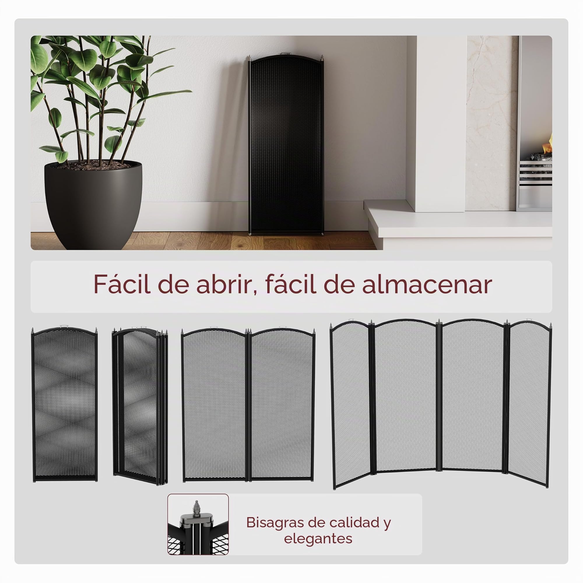 Fire Vida Protector de chimeneas de Metal con 4 Paneles, Color Negro