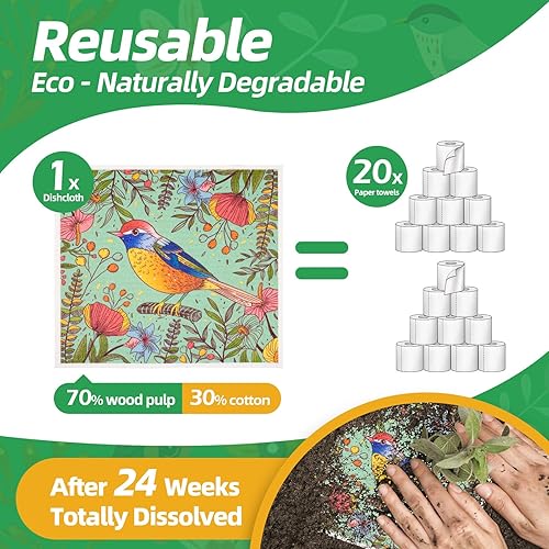 Miniatura 3 de Paquete de 6 paños de cocina suecos para cocina, absorbentes y de secado rápido, toallas de cocina decorativas reutilizables, biodegradables, no se