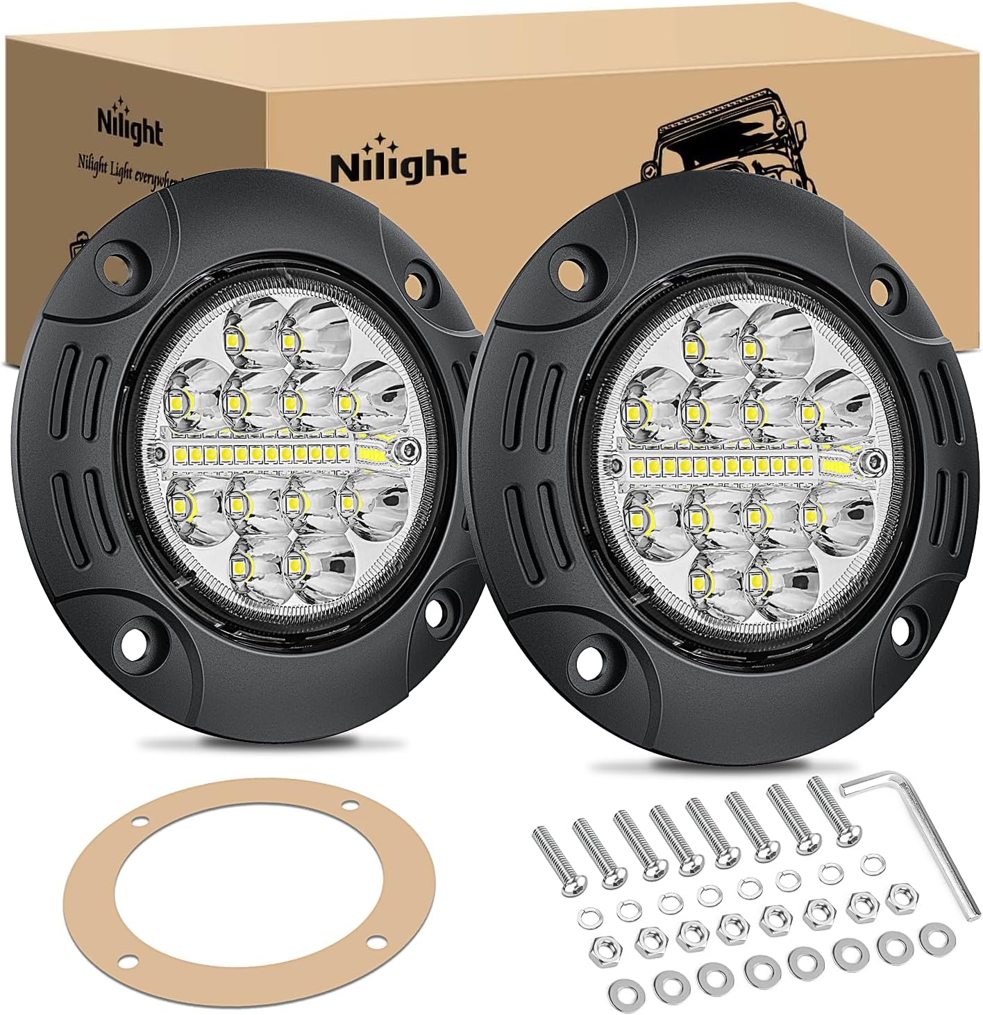 Nilight Flush Mount LED Light Pods 2PCS 5 Inch 36W Upgraded Spot Flood Combo Beam Round Driving Lights Fog Work Backup Bumper Lighting for Offroad 4x4 Truck SUV