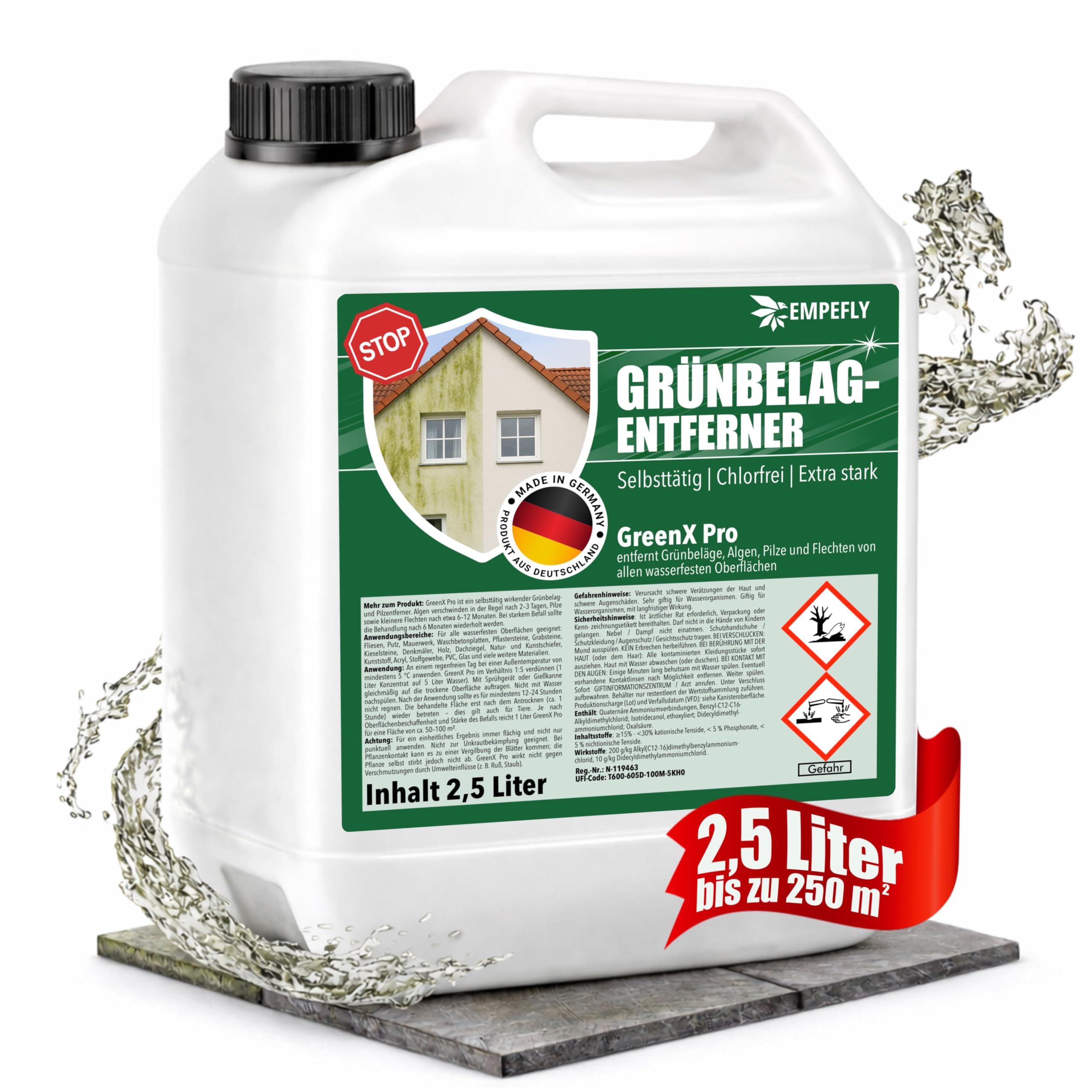 GreenX Pro Grünbelagentferner Konzentrat 2,5 L– selbsttätig gegen Algen, Pilze, Steinreiniger, für Terrasse, Fassade, Dachziegel, Pflastersteine, chlorfrei
