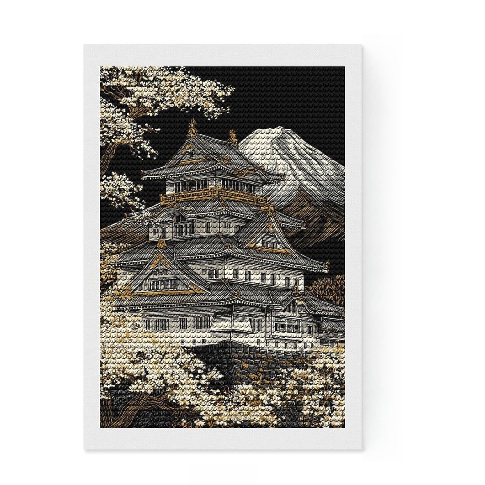 Junmoney Japanese Castle with Mount Fuji Diamond Art Canvas 8"x12", Relaxing DIY Hobby, Satisfying Creative Project, Farmhouse Decor, for Women