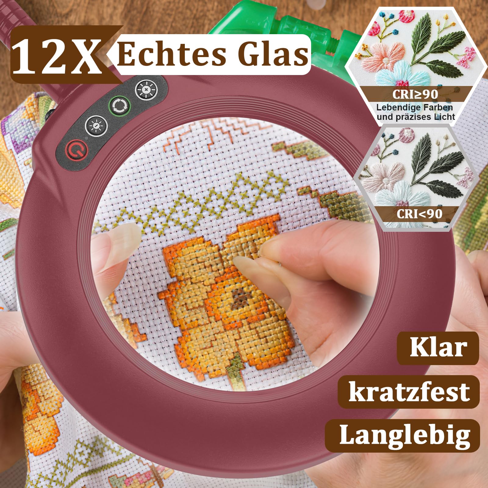 Veemagni 12X Lupe mit Licht und Klemme, Echtes Glas Lupenlampe, 5 Farbmodi Stufenlos Dimmbare, 23 Zoll Flexibler Schwanenhals Ständer Tischlupe mit Beleuchtung, LED Lupenleuchte für Lesen Hobby Rot