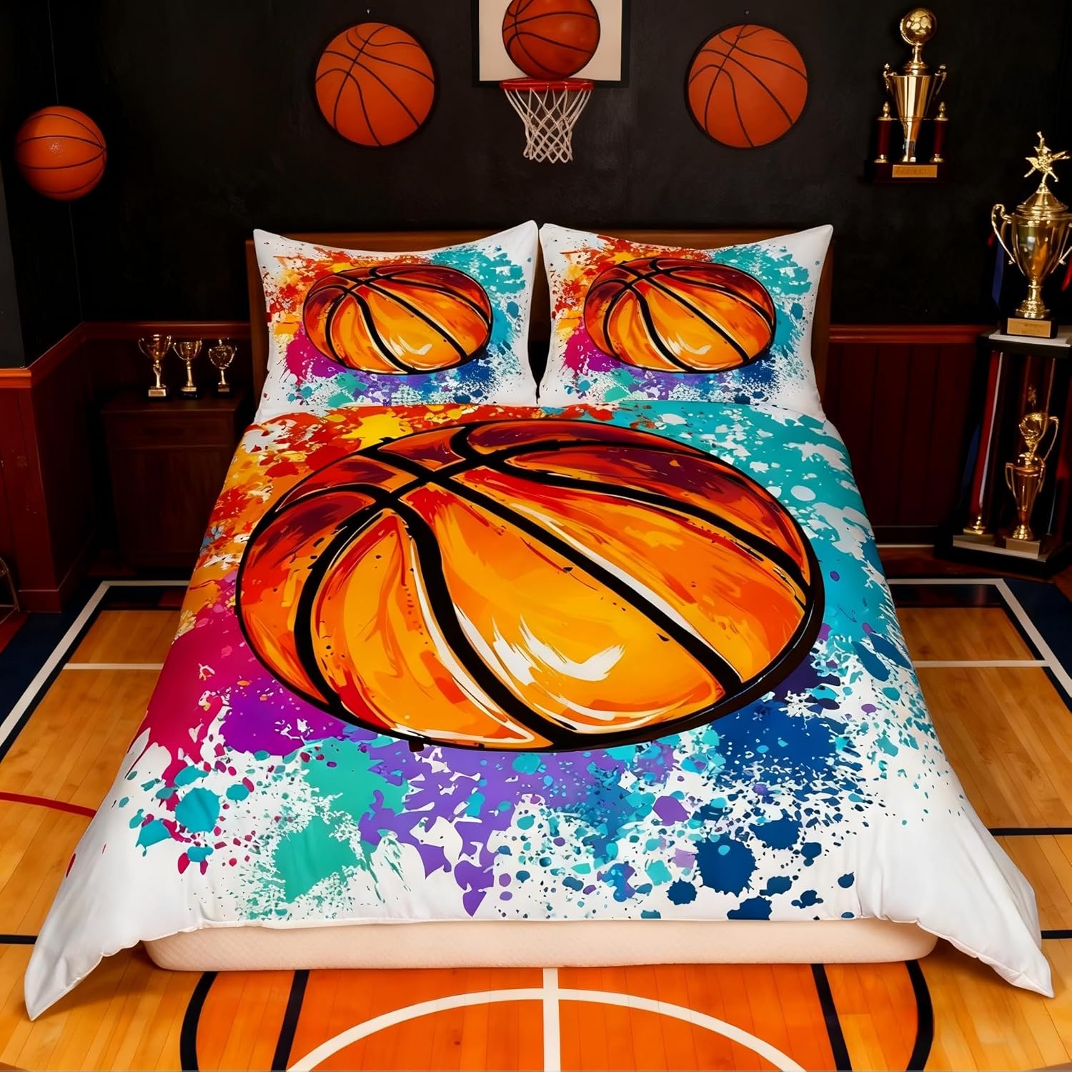 Basketball Print Duvet Cover Set,Kids Watercolor Tie-dye Bedding Set Queen Size,Sports Gaming Comforter Cover for Teen Boys Girls Adult,Colorful Graffiti Hip Hop Quilt Cover with 2 Pillow Cases