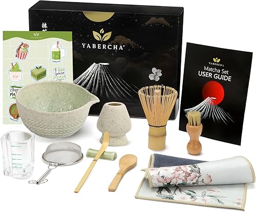 Juego de 10 batidores de matcha, cuenco de matcha de 15 onzas con boquilla y soporte para batidor y taza medidora, cuchara y cuchara de bambú, tamiz