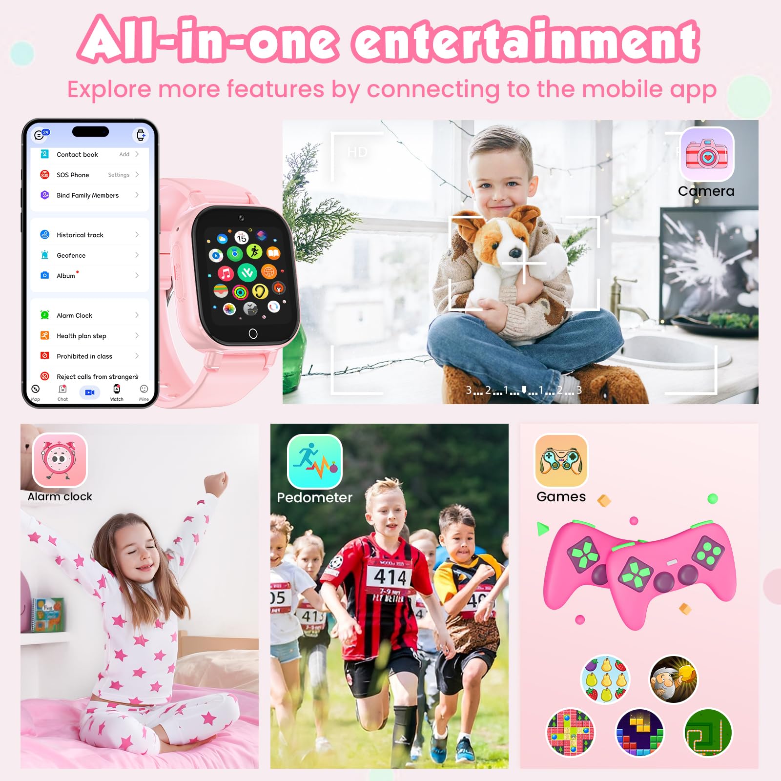4G Smartwatch Kinder mit GPS und Telefon, Armbanduhr Junge Mädchen mit Video/Telefonanruf, SOS Notruf, Wecker, Schulmodus, Schrittzähler, Puzzlespiel, Kinderuhr für Geschenke 4-12 (4G Rosa)