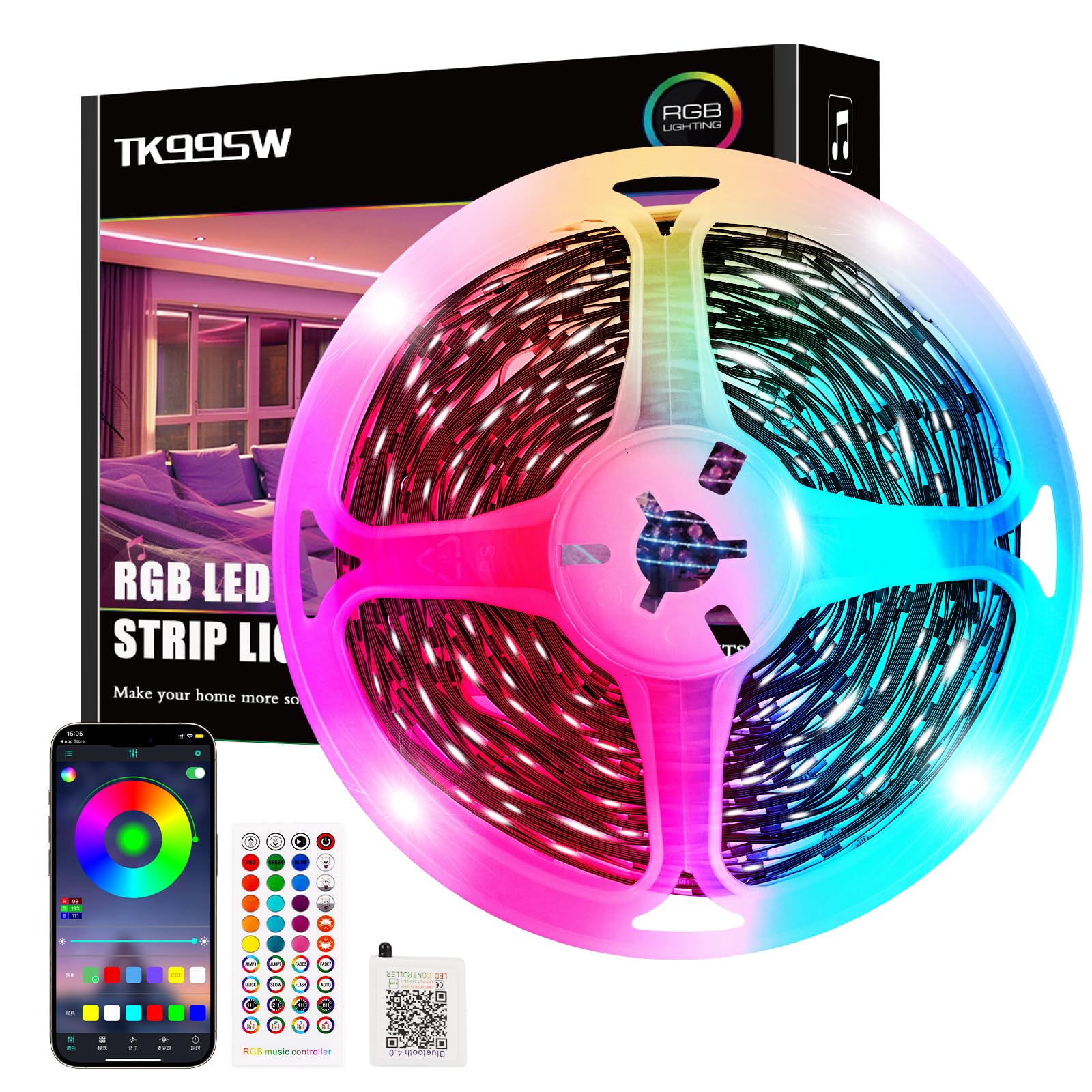 TK99SW TK99SW Led Strip Lights 15m, Music Sync Color Changing Flexible RGB Led Strip Lights with Smart App Control Remote for Bedroom Home Kitchen Party Lighting Decoration