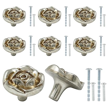 Kemcatui Antique Rose Flower Drawer Knobs - European Vintage Cabinet Pulls Handles - Ideal for Bedside Cupboard Home Kitchen Bedroom Decor - 8 Pack (Silver)