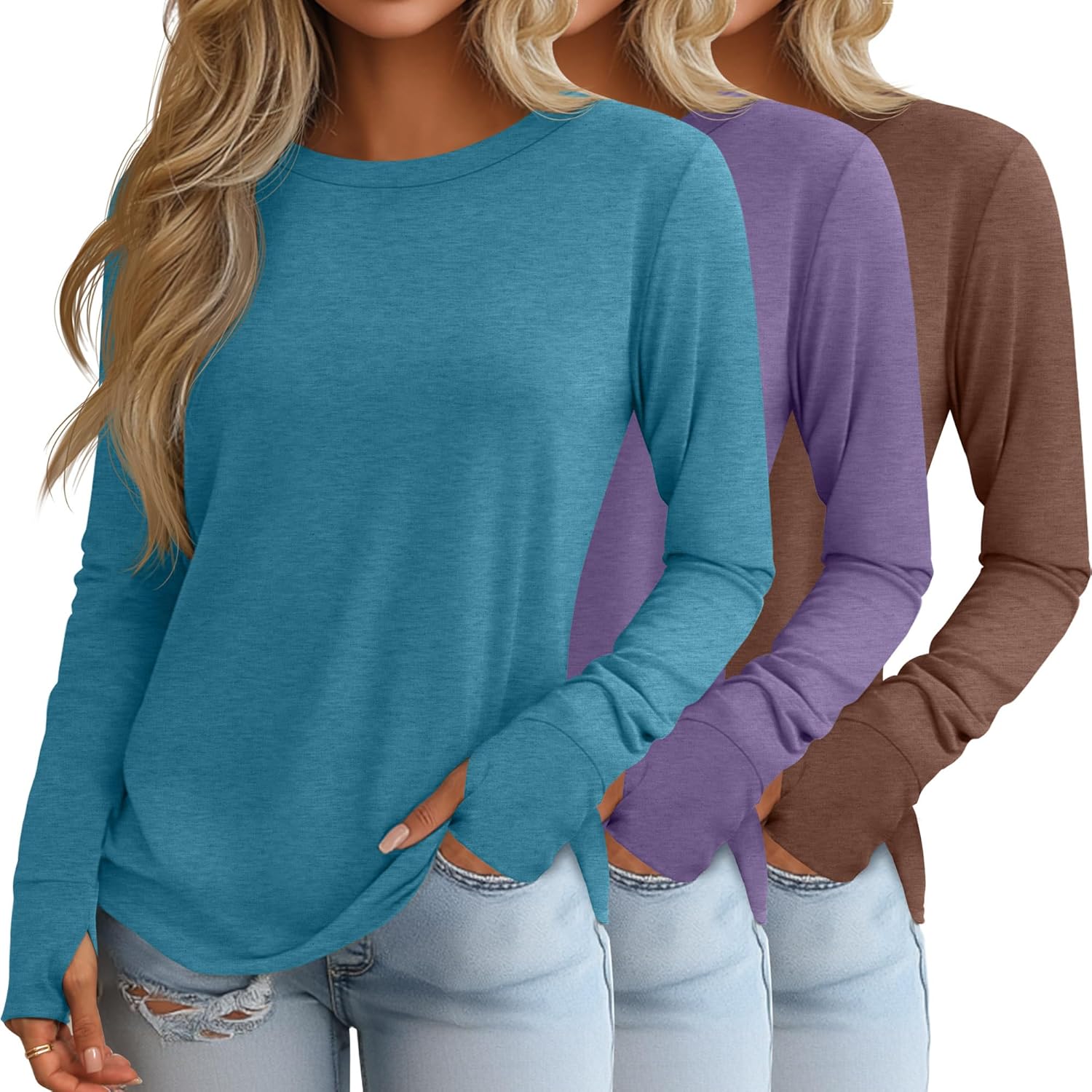 Huukeay 3 Pack Women's Long Sleeve Shirts with Thumb Holes, Cotton Casual Crew Neck Tunic Tops Fall Loose Y2k Trendy Outfits