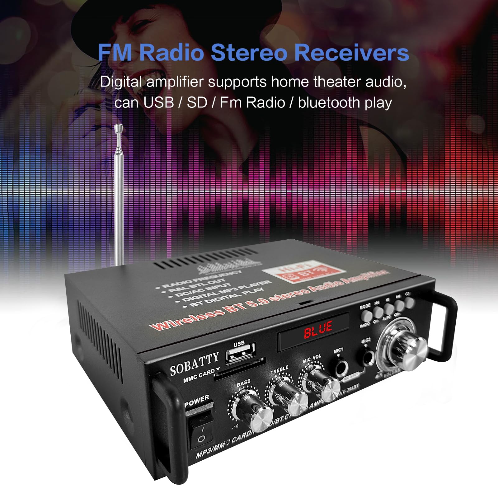 SOBATTY 298A Max 300Wx2 Wireless Bluetooth 5.0 Stereo Audio Amplifier, RMS 40Wx2 Power Amp 2 Channel Stereo Receiver for Home Theater Speakers, Bass & Treble Control, with Remote