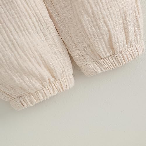 Vista 8 de Ropa de bebé de lino de manga larga, camisa de lino sólido con cordón, cintura elástica, pantalones harén con bolsillos, 2 piezas, traje de otoño