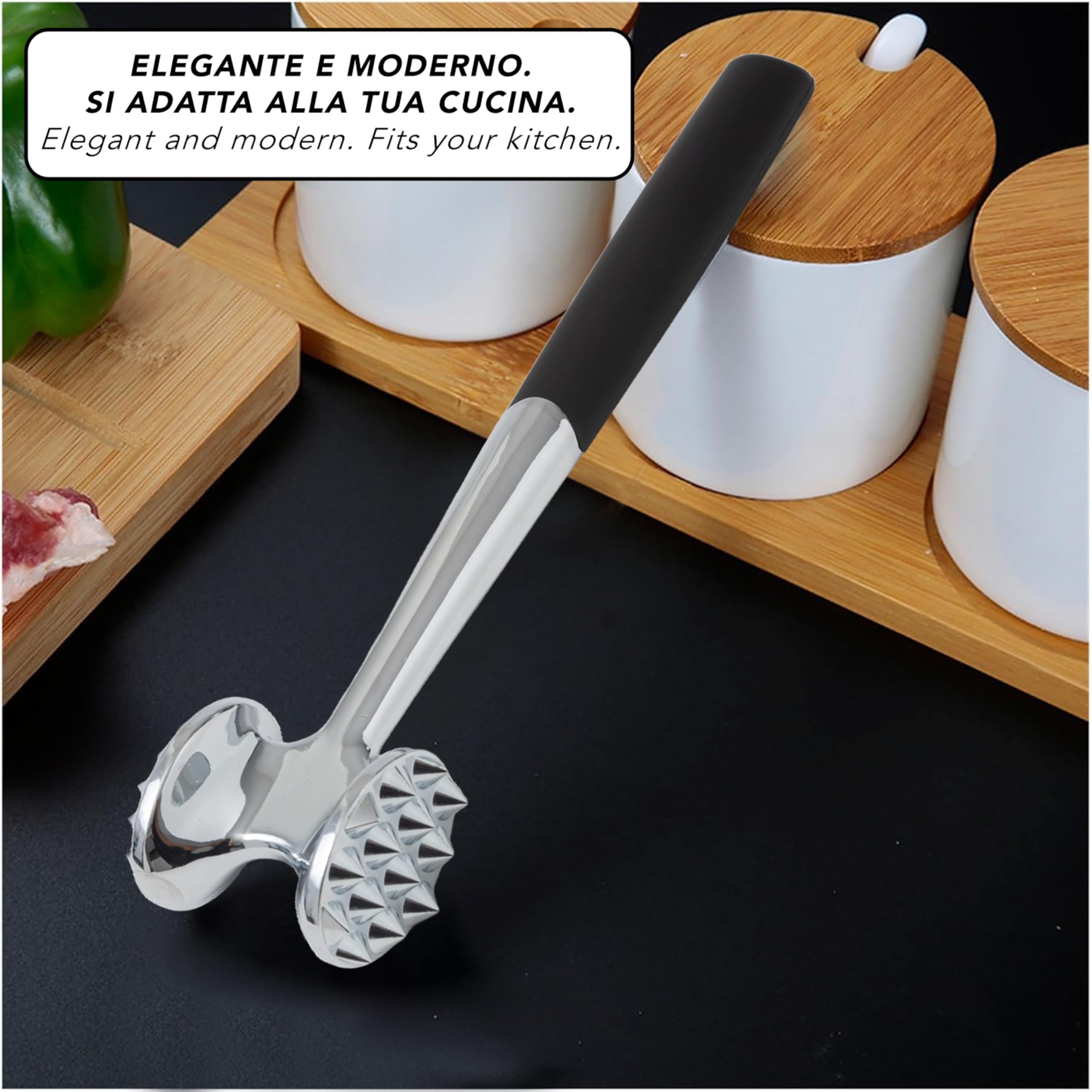 IPEA Tłuczek do mięsa ze stali nierdzewnej z komfortowym gumowym uchwytem - 22,5 cm - Pokonaj mięso dwustronne do kruszenia mięsa, hamburgerów, kotletów, steków, kurczaka - nieprzywierający młotek