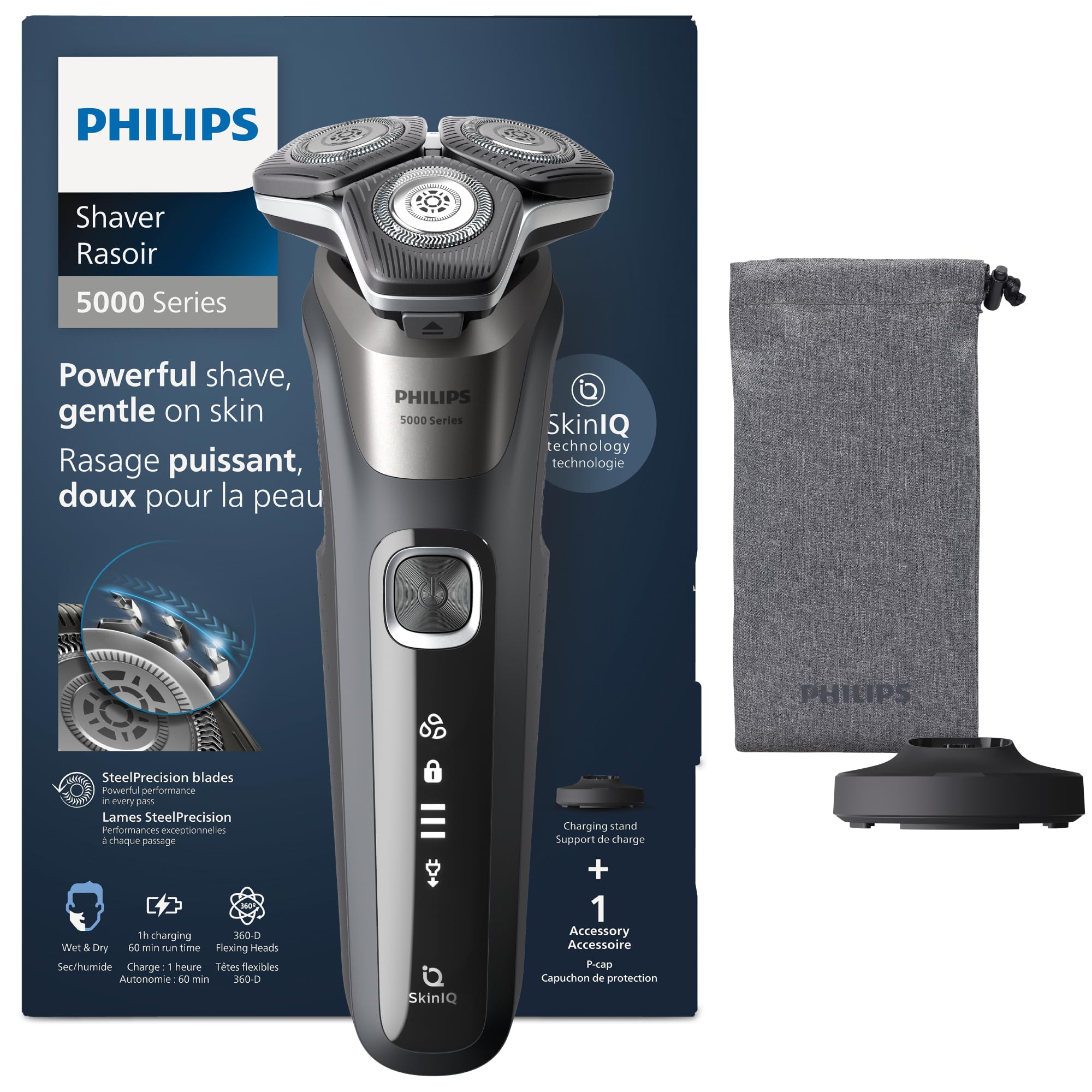 PHILIPS Shaver Series 5000 – Elektrischer Rasierer für Herren, Nass- & Trockenrasierer in Carbongrau, integrierter ausklappbarer Trimmer, weiche Tasche, Schutzkappe & Ladestation (Modell S5887/13)