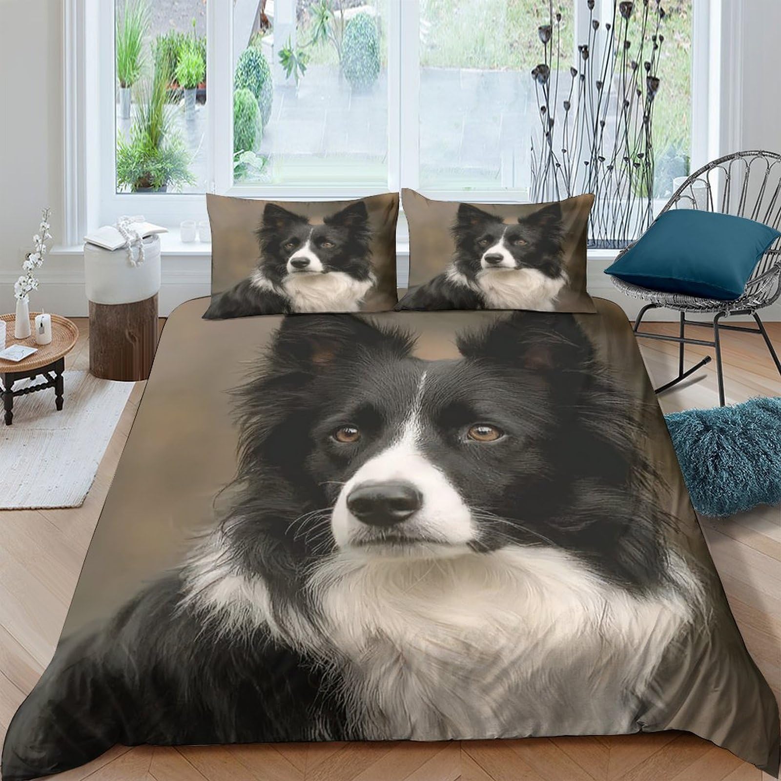 Ctjqhvkz Style-4 3D Printed Black White Border Collie Fitted Sheet Microfiber Soft Dog Bed Cover For Bedroom Guest Room Easy Care Single（135X200cm）