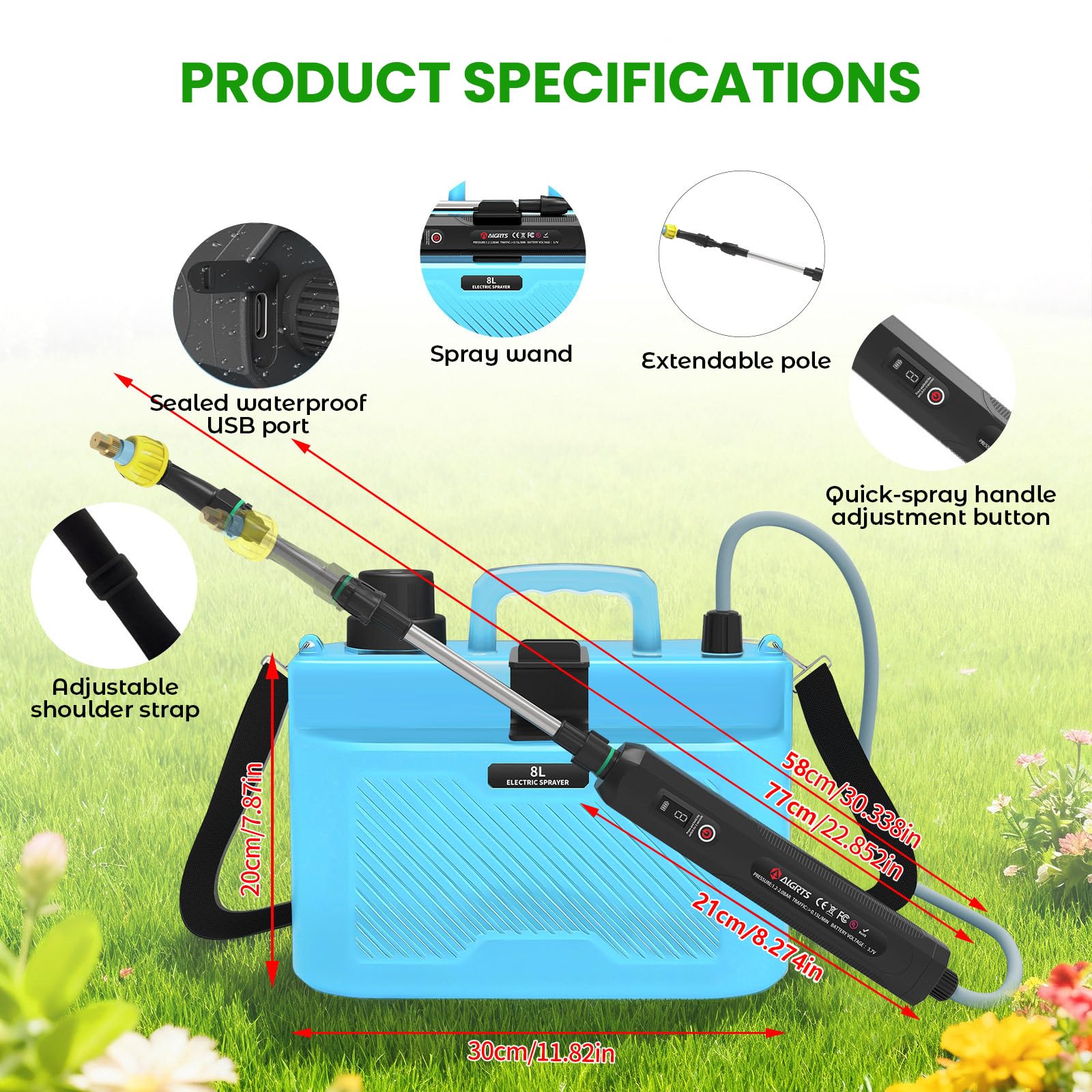 auvstar Elektrische Gartenspritze Akku Drucksprüher 8L