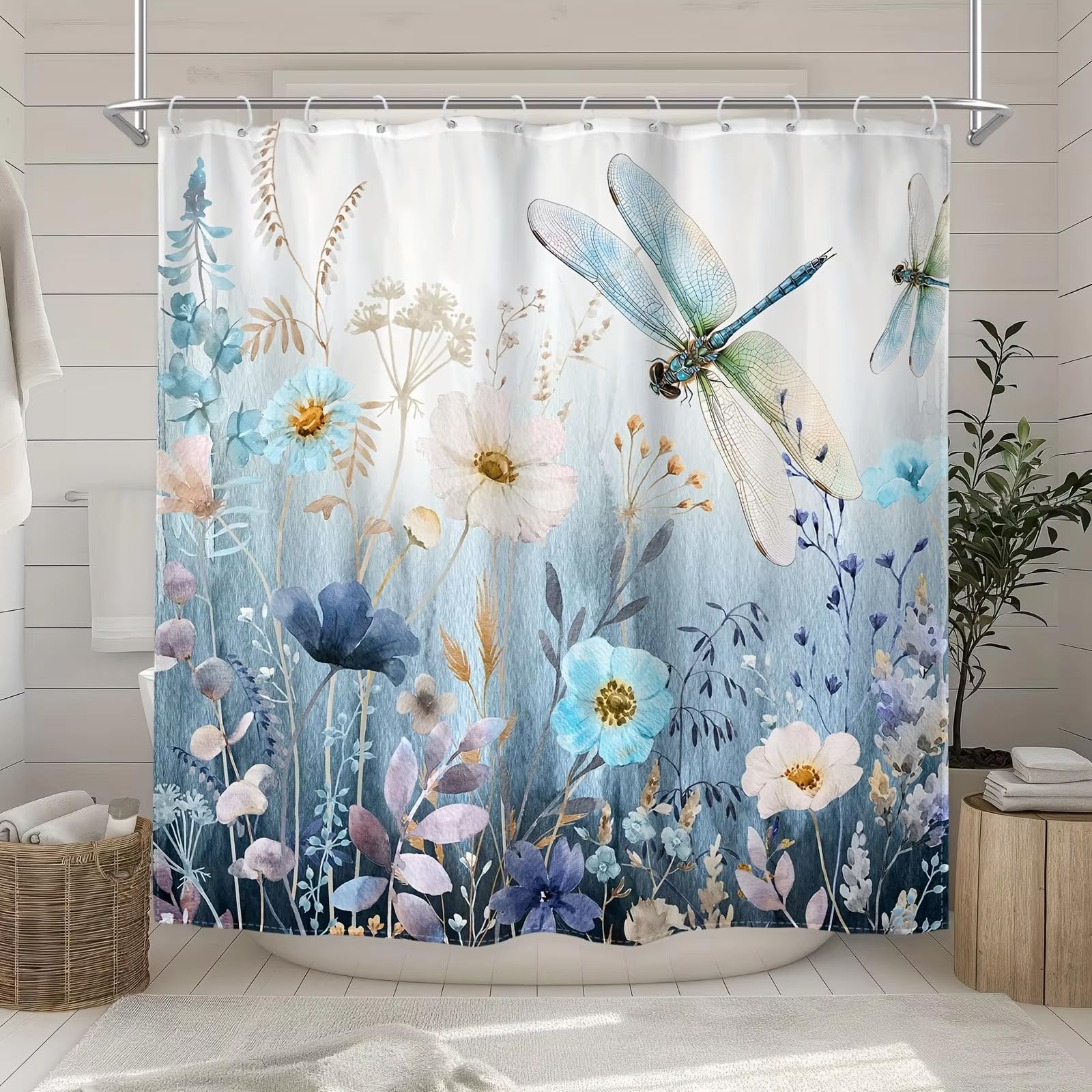 Watercolor Blue Dragonfly Shower Curtain Mould Proof and Mildew Resistant Washable Heavy Duty Bathroom Curtains, Bath Curtains with Hooks Curtains for Bath Tub Shower Stall 90x180cm/35x71in(WxH)
