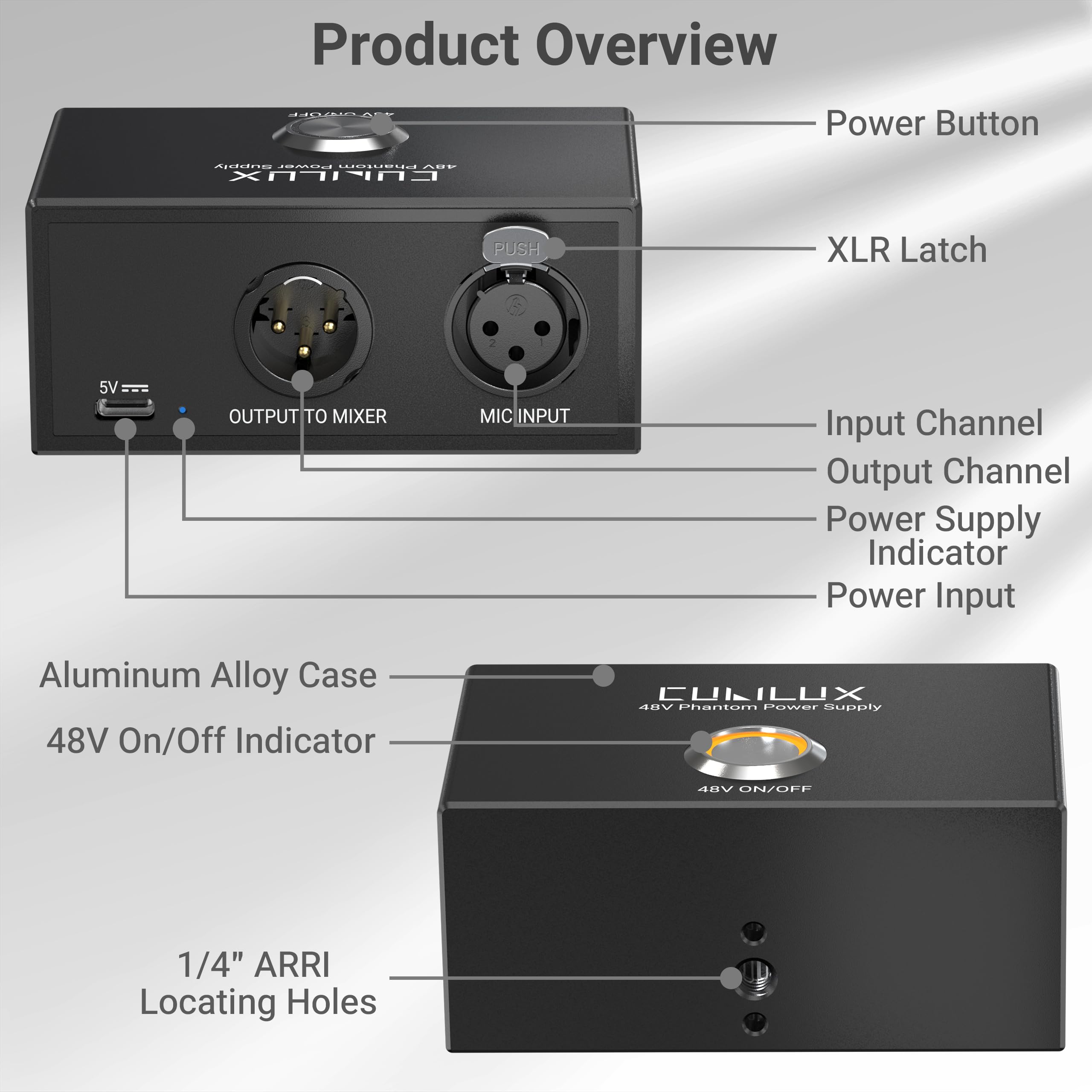 Cubilux MPX-1 Alimentation fantôme 48 V avec câble USB C - Alimentation portable en aluminium avec entrée et sortie XLR et fixation Arri 1/4" pour microphones à condensateur