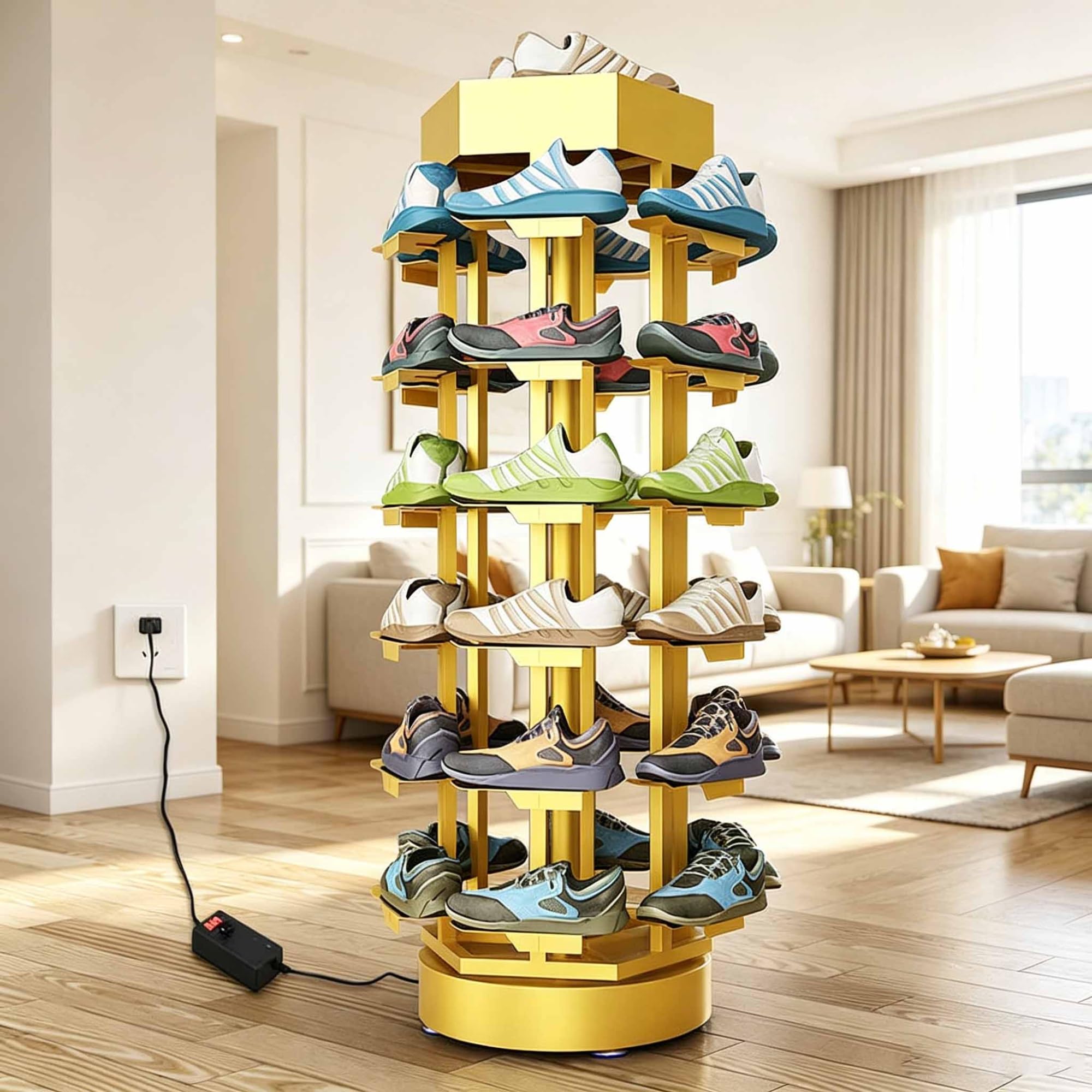 Elektrischer, drehbarer Schuhregal-Turm mit 6 Ebenen – rotierendes 360°-Schuhkarussell – robuster Schuhständer aus Metall für Ecken, Schränke und kleine Räume(Gold)